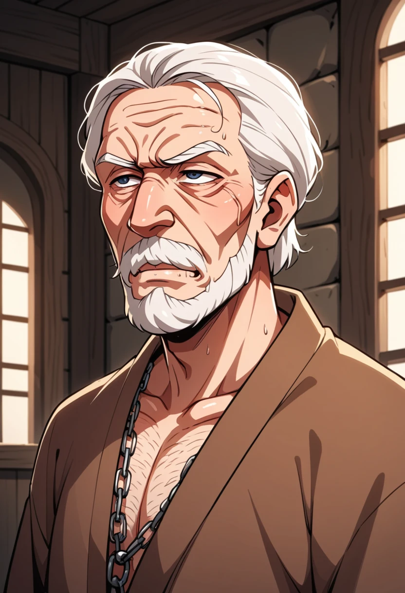  Representation of an elderly man,  a healer wearing a brown robe ,white beard, Sore look ,  expression of pain , wrinkles on the face, Prostrated , chained wrists, prisoner with bruises ,  dramatic lighting , medieval, 