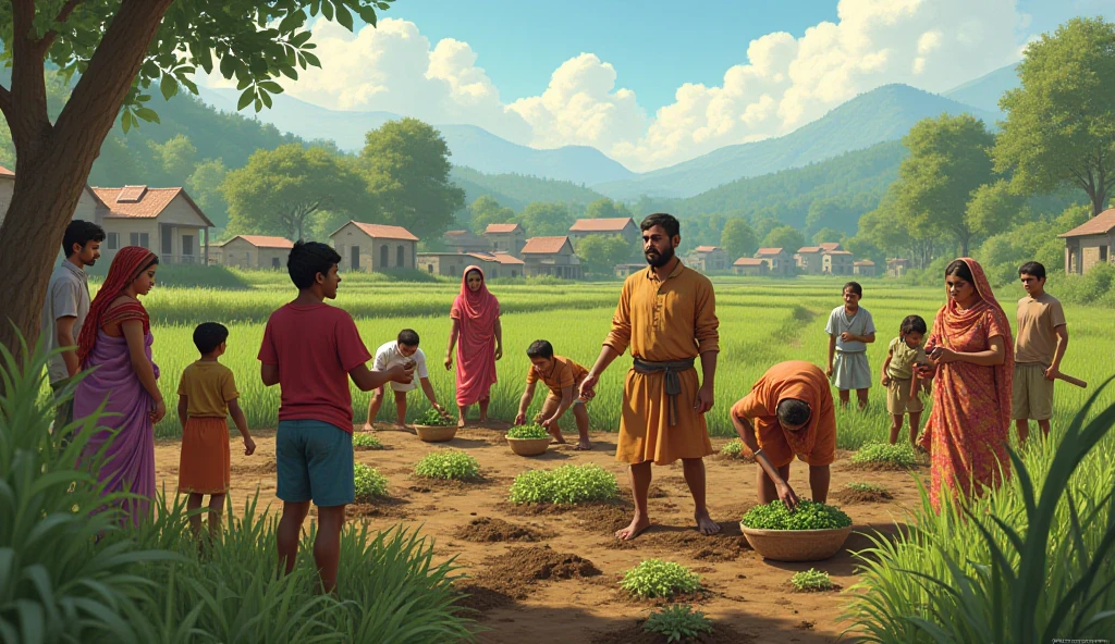 Vedic age people cultivating in paddy field