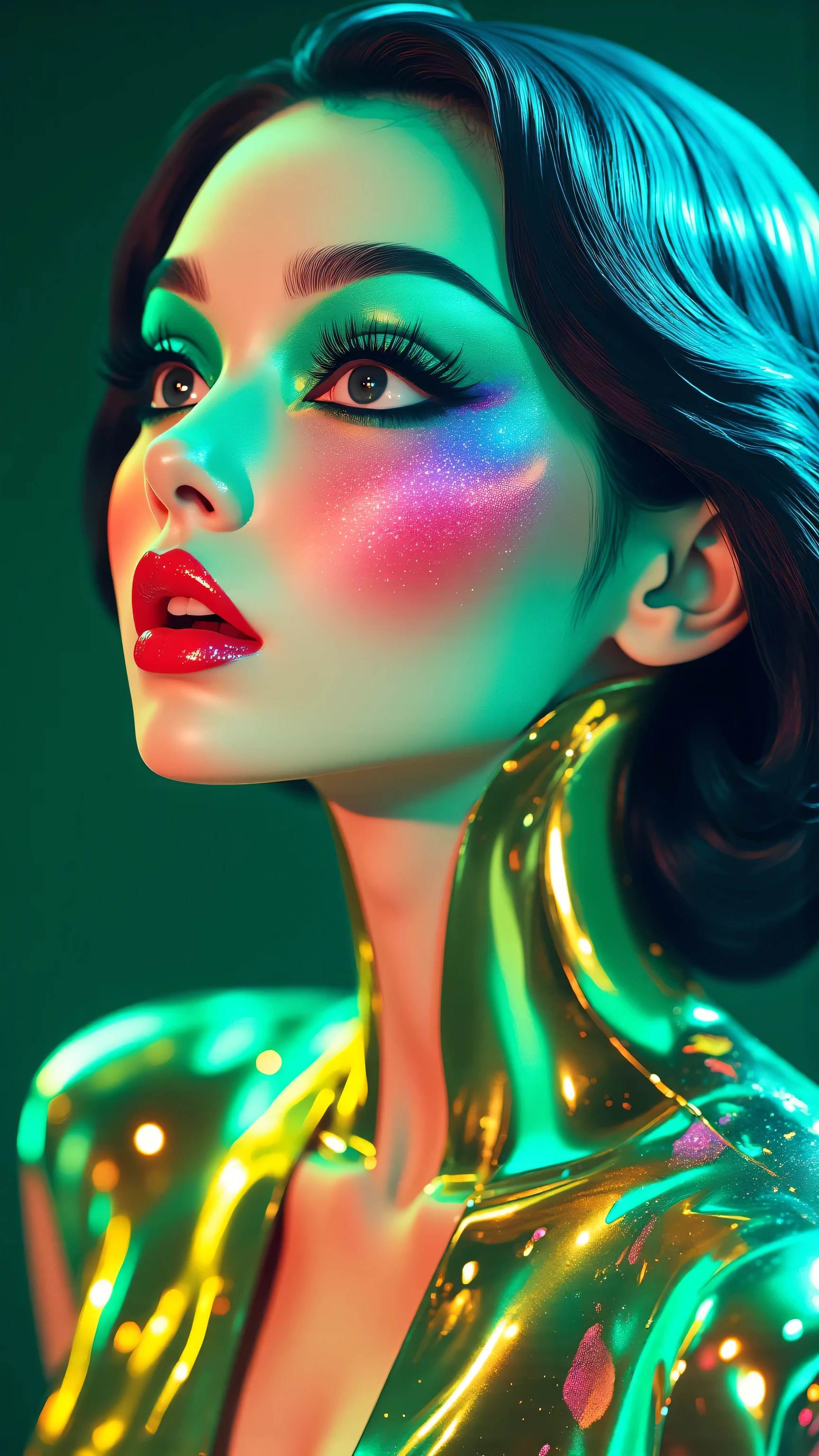 80’s glam rock makeup on shiny face, asian girl, anime, 2.5D, moody lighting, (green, pink, gold), pretty, sexy, minimal, sleek, slender, asian, elegant, futuristic, retro, sophisticated half human half machine, mouth open wide, Kizi,(eyes looking off to side), Highly detailed, Amazing work,Vitreous luster, blues, yellows, Best quality at best,shiny skin, no background, colorful background, green background, pink background, gold, background, plunging neckline, sexy pose, dynamic pose, heavy blushing, huge breasts,