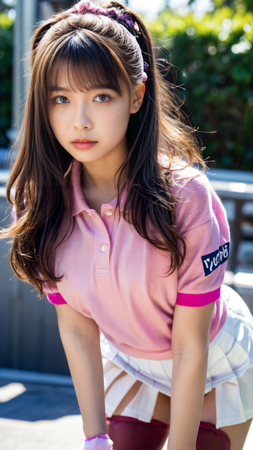 (top-quality、16K resolution) 1 girl、solo、natural soft light、Looking at the camera、sexy T-shirt、Concrete background、Facing the front、is standing、bobhair、Woman in her late teens、Light bangs、short-hair、Salon model、Natural look、portlate、floated hair、Rolled hair, sexy blue jean, pink shoes, background on street