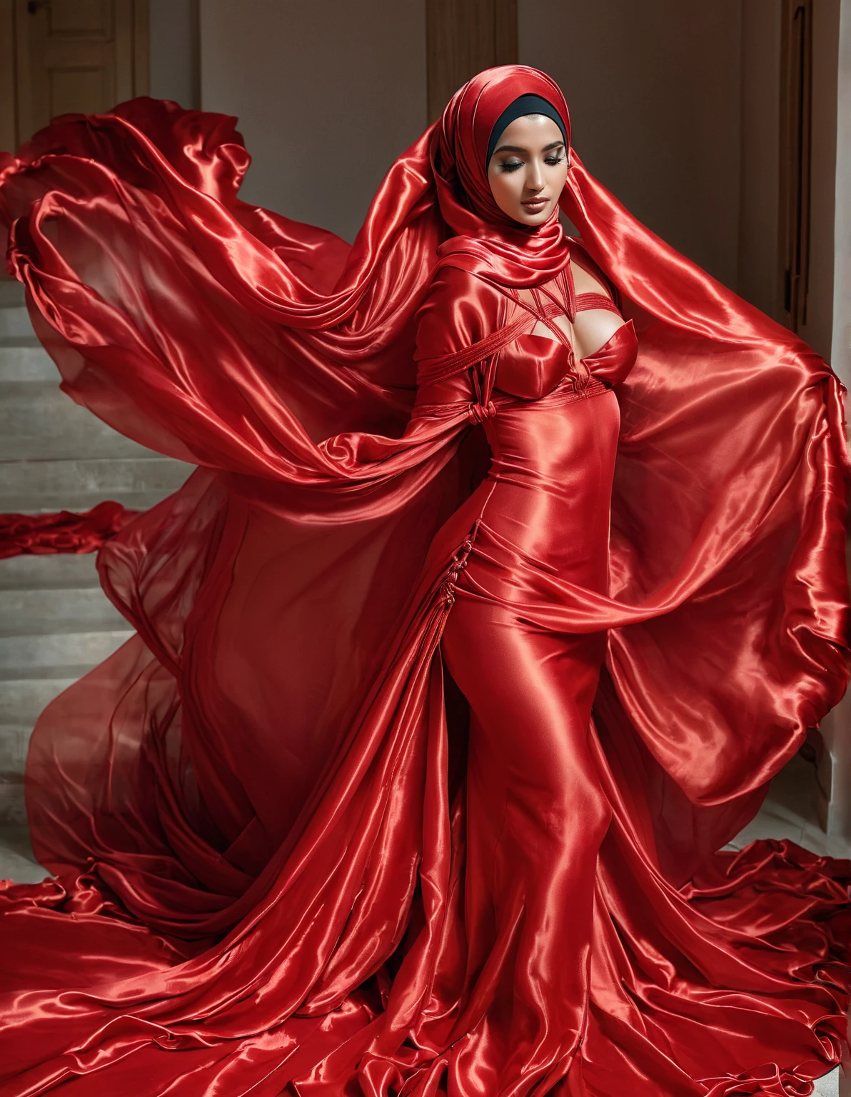 A woman shrouded in a 10-meter-long, plush red satin cloth, ballon sleeves,tight clothing from the waist to the thighs, tightly bound and grandly draping along the form of her body, flowing off into a pooled floor-length train, styled in a mermaid-inspired outfit, her head modestly veiled in a satin hijab, 185 height woman, walk in old building, a full-body pose conveying a sense of elegance, captured in a 4k resolution, ultra-realistic