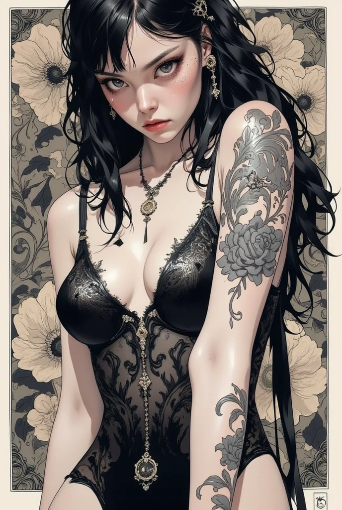   I have a picture of a woman in underwear with a tattoo on her arm,  FEMININE GOTHIC AESTHETICS   , Close up details, Detail shot,   with clear details ,   ARTY LOVE BLOW STYLE  , Silkscreen Art,   close-up pictures  ,  EXTRA FINE INK DETAILS  ,   SILKSCREEN PRINT   ,   very detailed, vulgar 