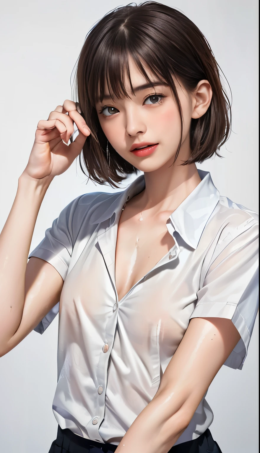 Girl, one, highest quality, beautiful, cute, shiny, small, short hair with random hairstyle, masterpiece, cat eyes, no bra, no underwear that hides the breasts, wearing a shirt with a collar directly on the bare skin, a shirt drenched in water and showing through all breasts, ultra-thin and soft white shirt with clear skin see-through, Shirt with four buttons not fastened from the top, black hair