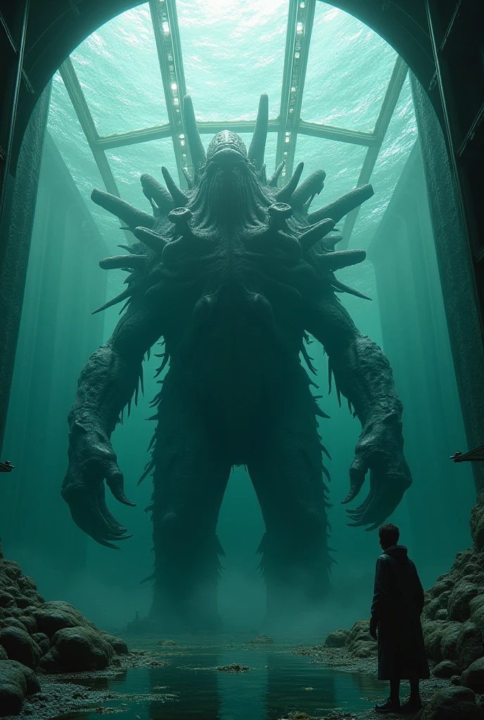 Depict a massive, mysterious sea creature known as the 'Eclipse Leviathan.' The creature is over 100 meters long, and its body is composed of a dark, shadowy substance that seems to absorb light, making it nearly invisible in direct sunlight. Show the Leviathan emerging from the deep ocean, surrounded by darkness even during the day, with only faint glimmers of light reflecting off its nearly invisible form. The creature should have an eerie, undefined shape, resembling a mix between a giant serpent and a whale, with tendrils of shadow trailing from its body. The ocean around it should appear ominous and foreboding, with hints of lost ships and deep-sea creatures visible in the background, adding to the sense of dread"
