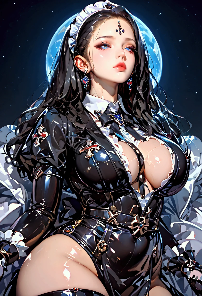 ( masterpiece),( highest quality ),(super detailed),( ultra high resolution ),( The best illustrations ),8K, wallpaper ,( middle-aged),( Super sexy costume of a querera Valkyrie :2.0),(open chest:2.0),Beautiful Valkyrie woman ,( detailed skin texture:1.4),( shiny skin :1.4), delicate face ,( thick thighs in bed:1.6),( black hair),BREAK(forehead:2.0),( Close-up of upper torso:2.0),(detailed hands:2.0),( Beautiful feminine hands :2.0),( Super huge breasts :2.0),(very sensual:2.0),( plump body type :2.0),BREAK(psychedelic,Neon art ,pop,progressive,Server Drilling, Not suitable for work :2.0),(detailed hands:1.6),( condescending expression :2.0, The woman is looking down :2.0),(down:2.0),( The background is a space drawn with an apocalyptic pattern.:2.0),( provocative pose :2.0)