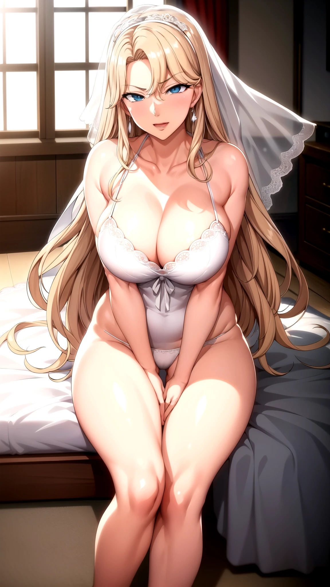   white bra, white lace,    White Panties   ,   bridal veil   , bride,   1 girl,   comics,20 years old, mature woman,   beautiful Finger,   beautiful 长的 legs,   beautiful body,   beautiful Nose,   beautiful character design,   perfect eyes, perfect face,    Staring at the Audience   ,   Official Art,   very detailed CG unity 8k wallpaper, Perfect lighting,rich and colorful,   bright   _Front _face_light, (Masterpiece:1.0),(The best_quality:1.0), 超    like a movie  (Bloomers)  ,4K,   very detailed, photograph, 8k,    like a movie  (Bloomers)  ,    like a movie  (Bloomers)  ,   absurd:1.2,   Kodak Portra 400 ,   film grain,   blurry background  , Bokeh:1.2,   lens flare, (  vibrant_color:1.2) (   beautiful_face:1.5),   slender body , 笑face,   happy   ,   full body、 