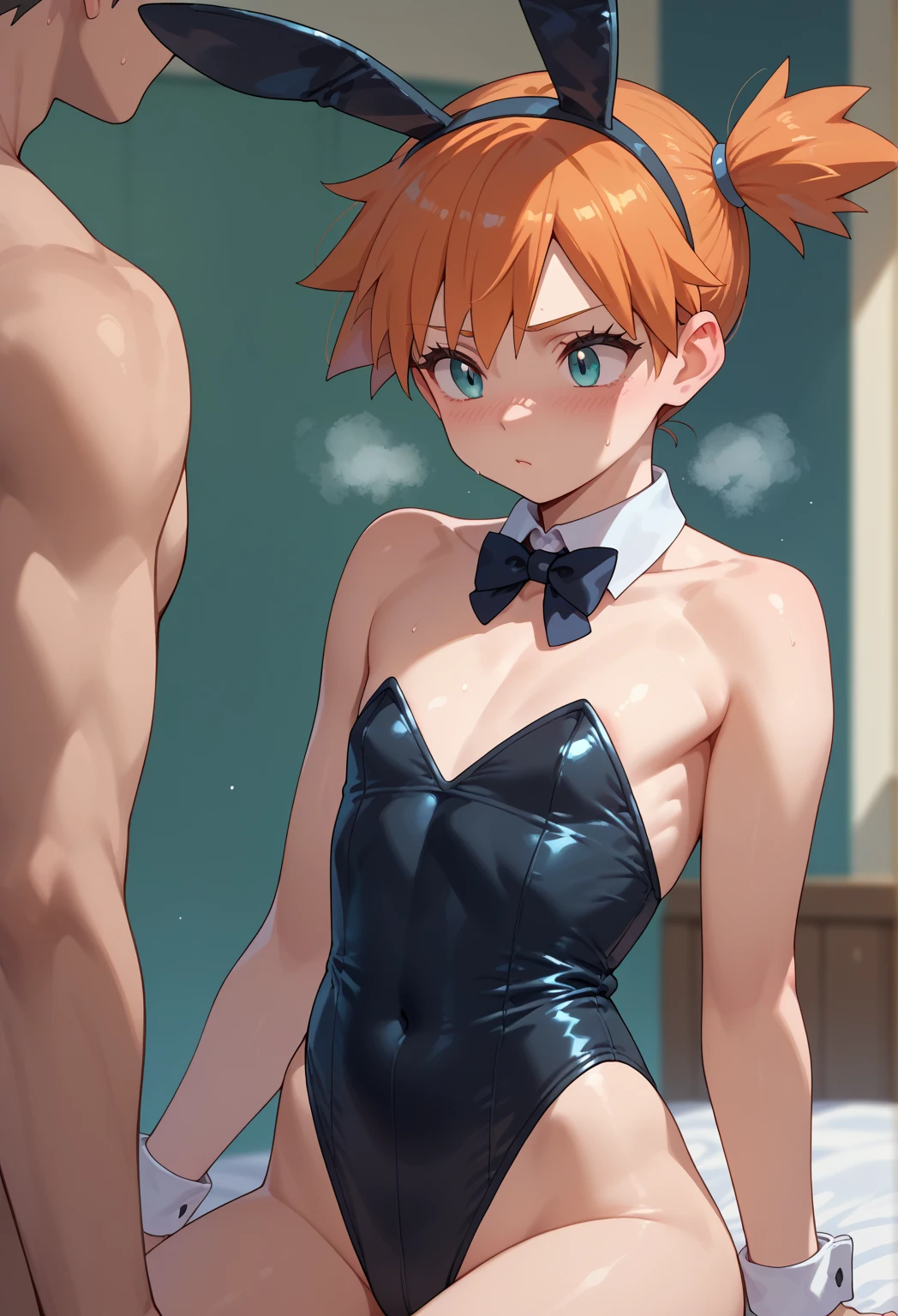 masterpiece, best quality,anime style, 1 girl,(((slender body))), (((small breast))),(((gym uniform))),(((3 monkey grabbing the gir))),((((cum)))), (beautiful face), (((short hair))), (((straight hair))), ((((red hair)))),detailed beautiful skin, (perfect hands, perfect anatomy)