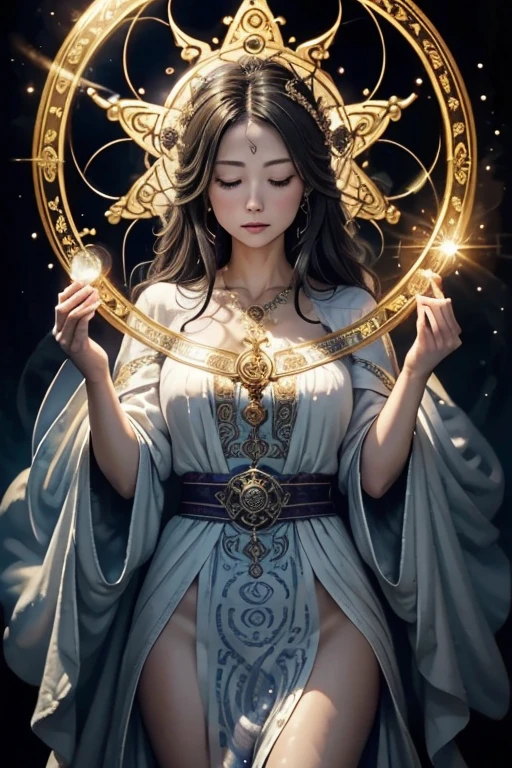 A woman with blue long hair and orange pupils, wear an ancient clothes and have a star halo, there's a shooting star on her body, and bring a star