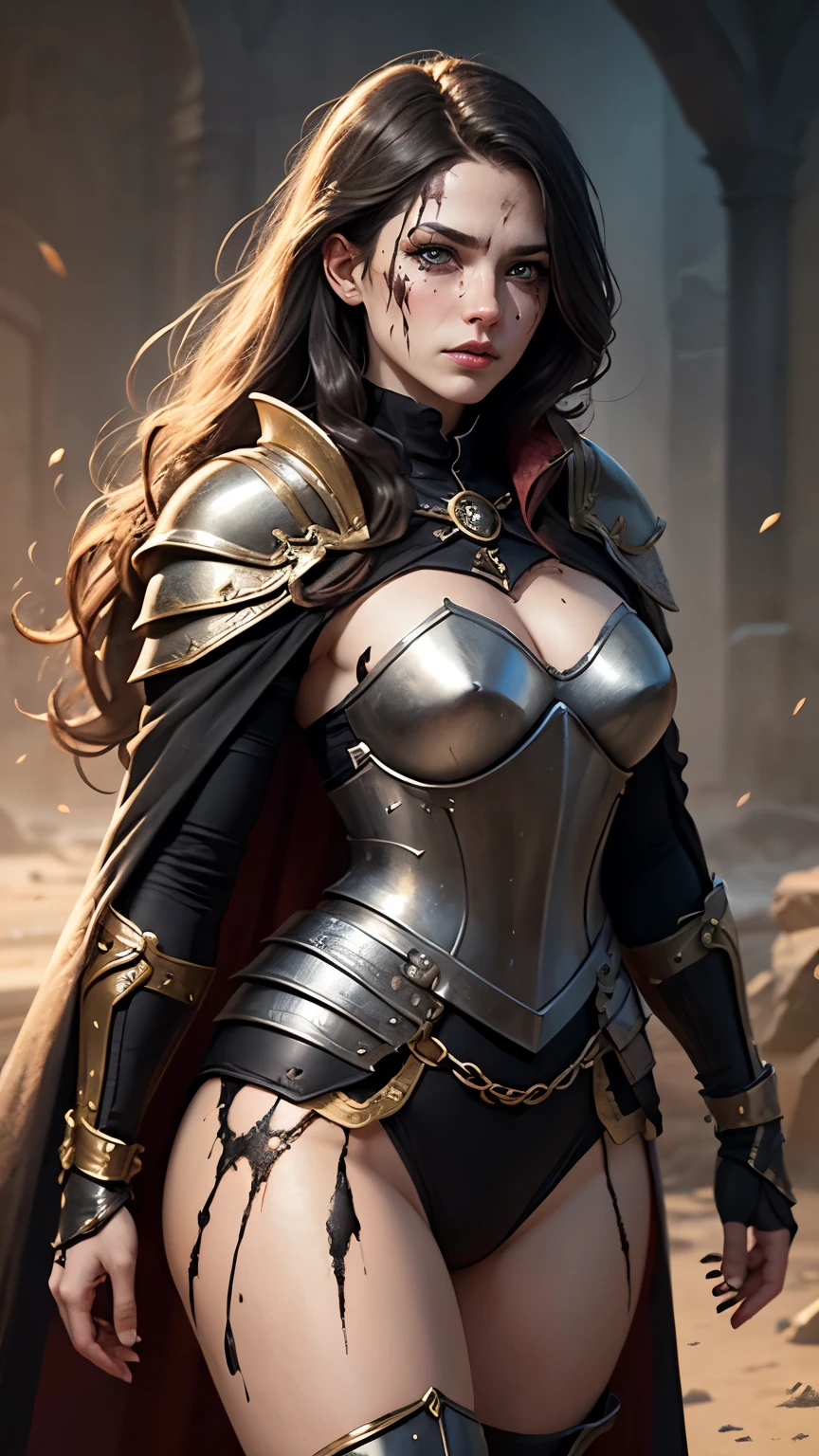 detailed image of the character yennefer of vengerberg made by actress Anya Chalotra, with piercing look, hair in the wind, original costume of the character, detailed, realistic image of full body, character in a background of medieval city flees in flames --auto --s2