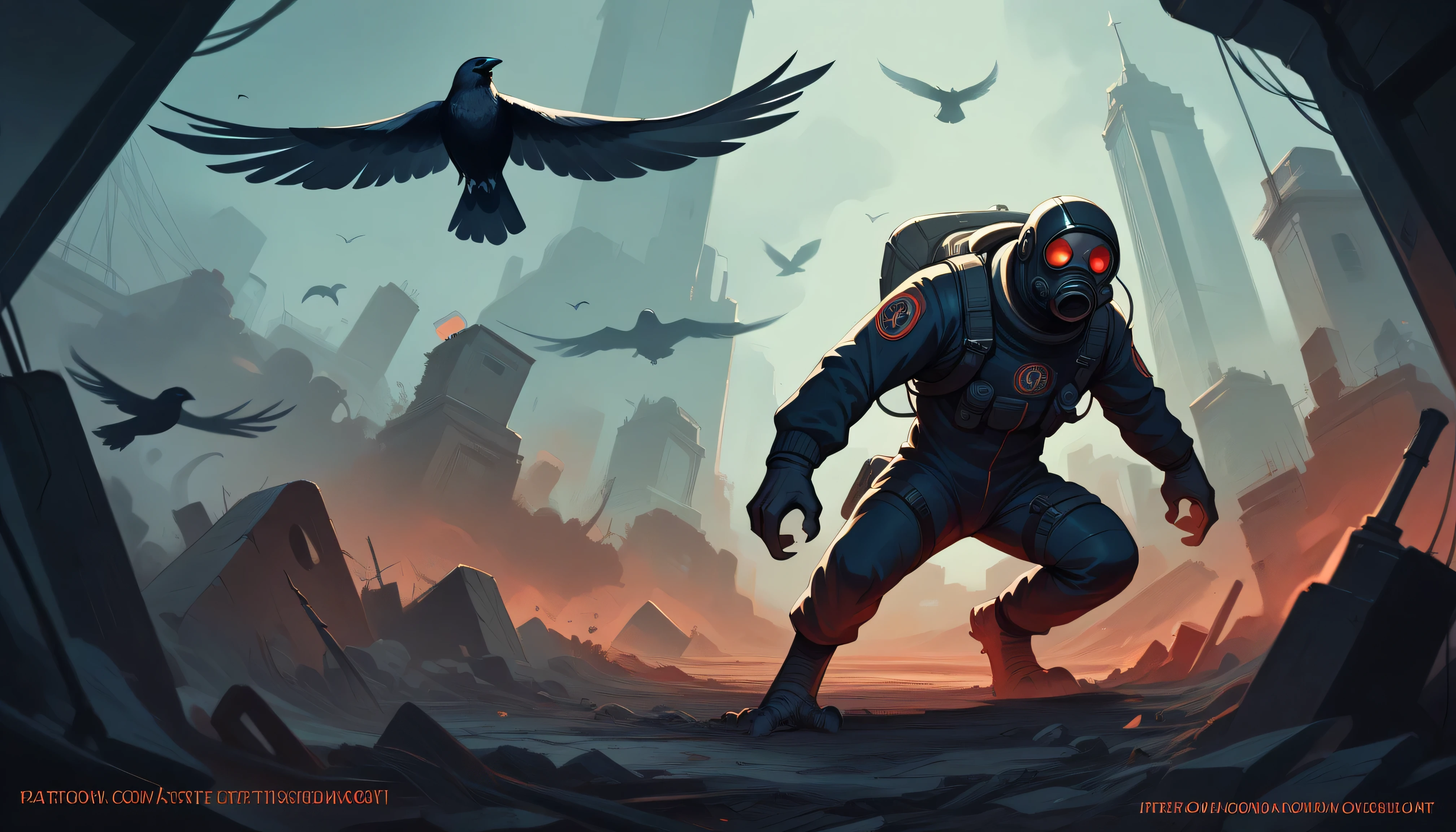 a crow wearing a biohazard suit, detailed intricate biohazard suit, high quality, digital art, photorealistic, hyper detailed, cinematic lighting, dramatic, moody, grim, eerie, unsettling, dark fantasy, concept art