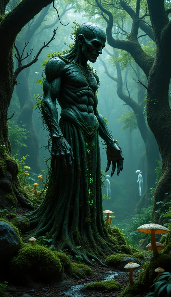 A hauntingly detailed image of a cursed statue in the heart of an ancient, overgrown forest. The statue depicts a humanoid figure with grotesque, elongated limbs and a twisted, anguished expression, its surface cracked and weathered by time. Vines and moss have grown over the figure, merging it with its surroundings, while faint glowing runes are carved into its stone surface, emanating an eerie green light. The forest is dense and shadowy, with massive, gnarled trees that block out most of the sunlight, casting the scene in an otherworldly gloom. Strange, bioluminescent plants and mushrooms grow around the base of the statue, their faint light adding to the ethereal atmosphere. Mist swirls through the air, and faint ghostly figures can be seen lurking in the background, blending with the trees. The scene should evoke a sense of dread and mystery, as though the forest itself is alive and guarding its cursed relic.