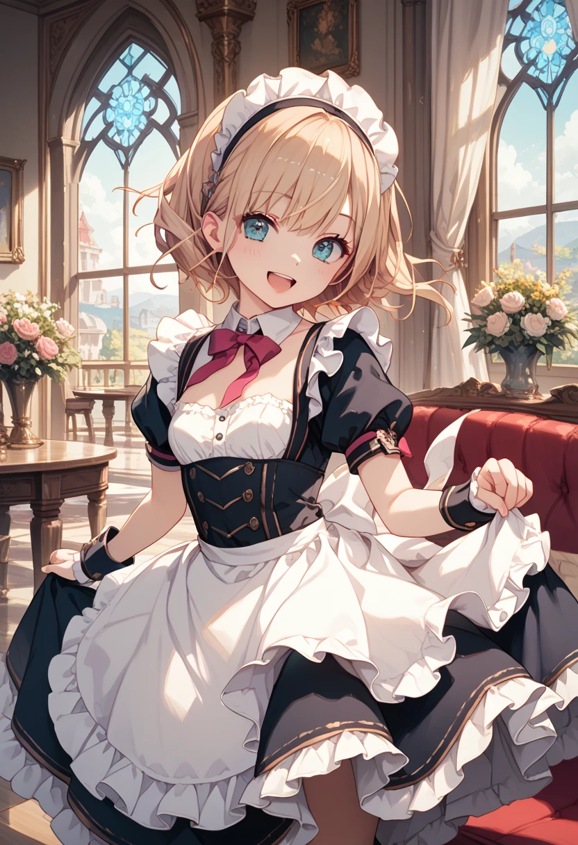 masterpiece, best quality, score_9, score_8_up, source_anime, girl, (petite), happy, fantasy, maid,