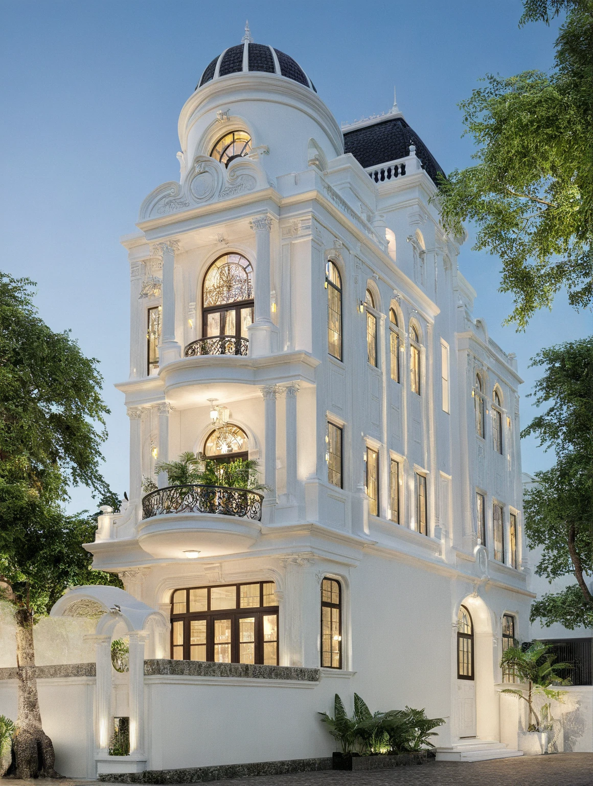 neo classical villa on street, (daylight), tropical tree, vivid colour, streetcapes, white tone, black detail, white wall, large glass door, warm interior lighting, best quality, masterpiece, ultra realistic