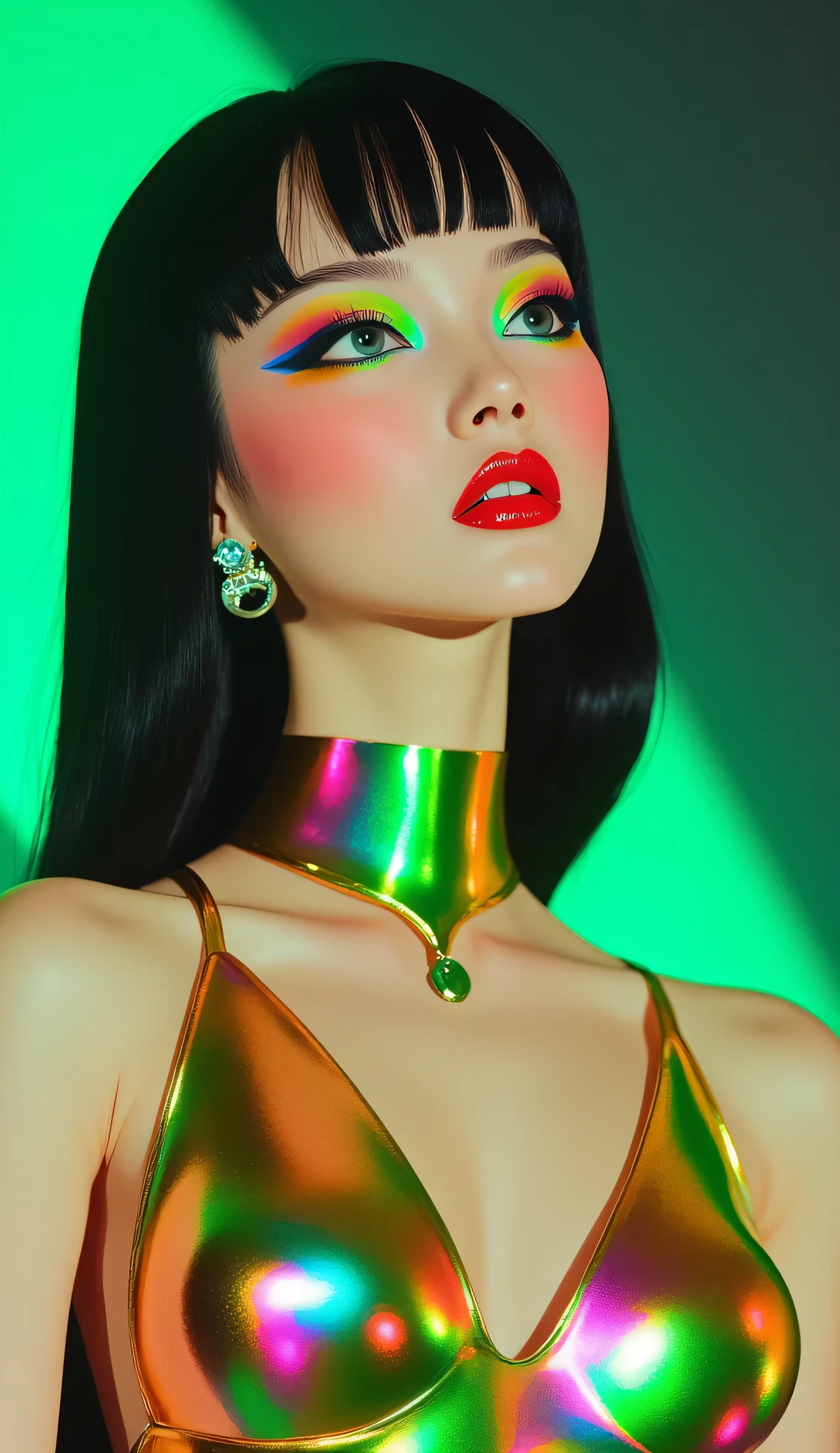 80’s glam rock makeup on shiny face, asian girl, anime, 2.5D, moody lighting, (green, pink, gold), pretty, sexy, minimal, sleek, slender, asian, elegant, futuristic, retro, sophisticated half human half machine, mouth open wide, Kizi,(eyes looking off to side), Highly detailed, Amazing work,Vitreous luster, blues, yellows, Best quality at best,shiny skin, no background, colorful background, green background, pink background, gold, background, plunging neckline, sexy pose, dynamic pose, heavy blushing, huge breasts, cleavage, full body,