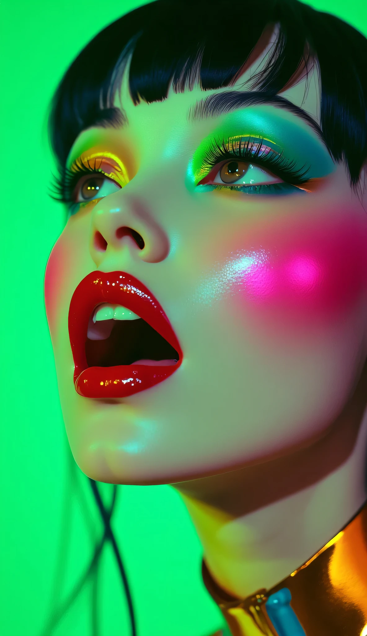 80’s glam rock makeup on shiny face, asian girl, anime, 2.5D, moody lighting, (green, pink, gold), pretty, sexy, minimal, sleek, slender, asian, elegant, futuristic, retro, sophisticated half human half machine, mouth open wide, Kizi,(eyes looking off to side), Highly detailed, Amazing work,Vitreous luster, blues, yellows, Best quality at best,shiny skin, no background, colorful background, green background, pink background, gold, background, plunging neckline, sexy pose, dynamic pose, heavy blushing, huge breasts, cleavage, full body,