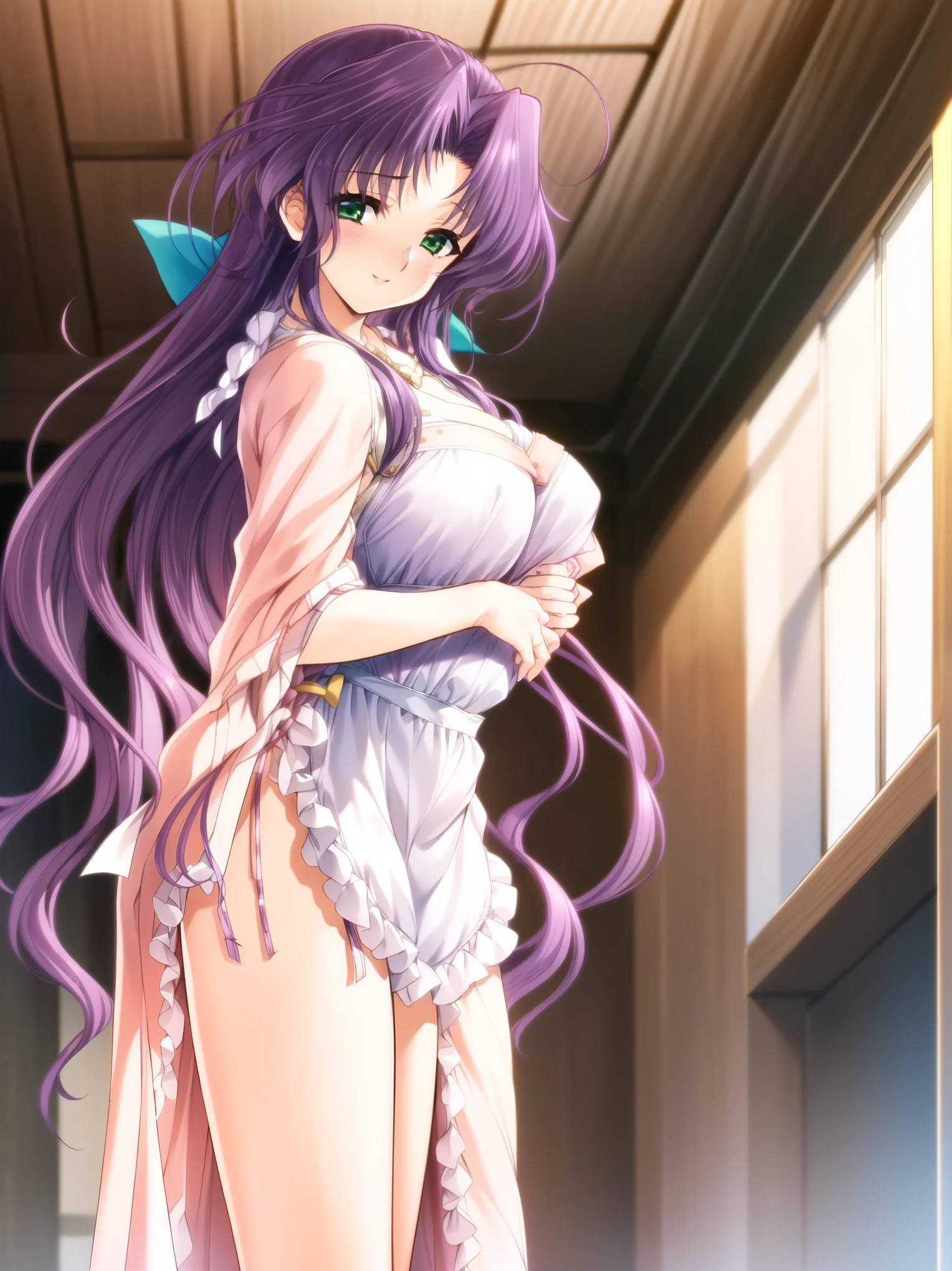 (hyper extreme detailed),(masterpeace),(hyper extreme),(photorealistic),CG,(colour:1.2), beautiful lighting,light from the front, solo,smlie, <lora:aoi_sakura:0.9>,aoi_sakurako,paple hair,long hair,ribbon,green eyes,