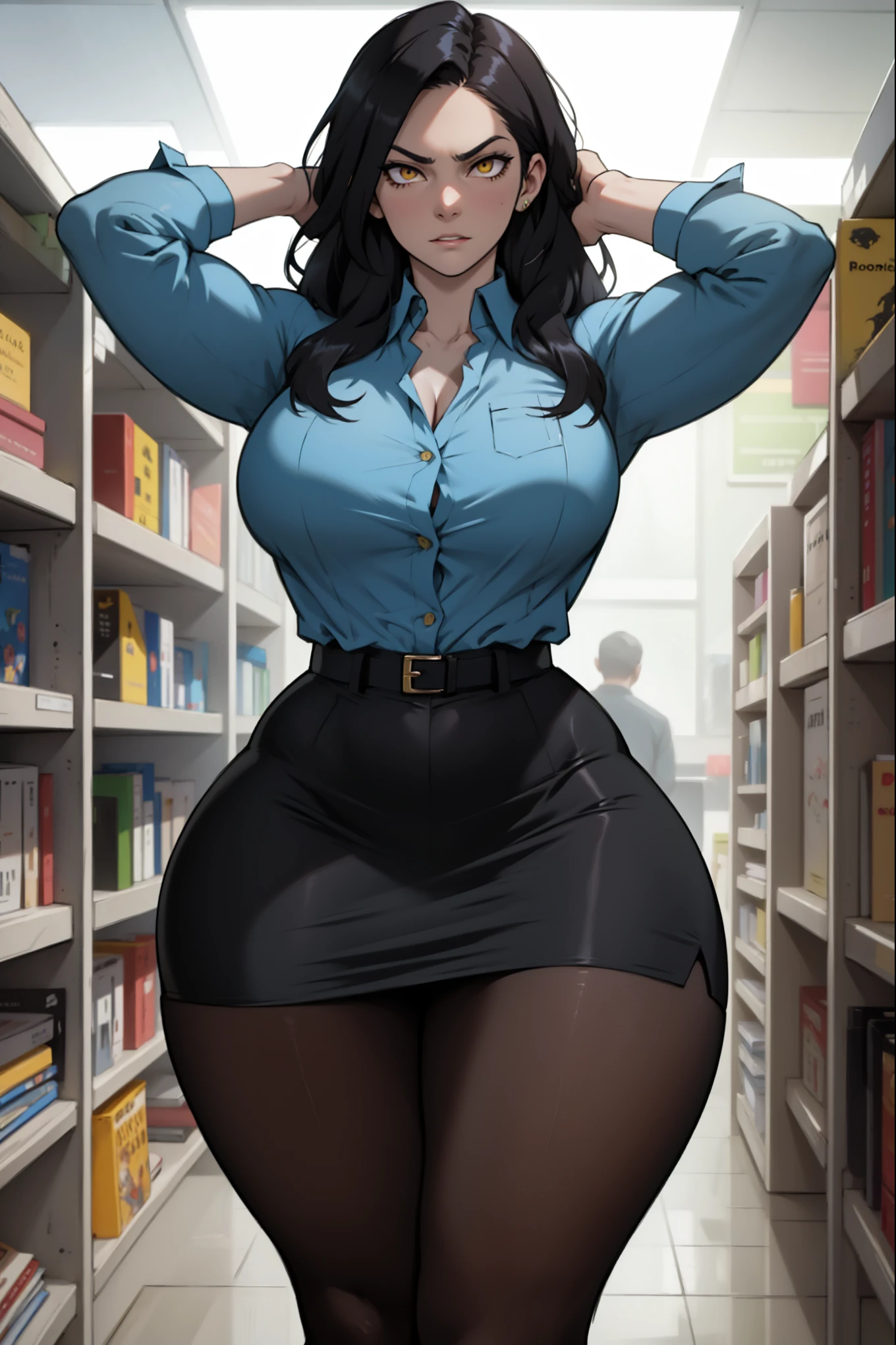 slim thick, tight waist, voluptuous, hourglass figure, trim waist, thick thighs, thicc, perfect body, super wide hips, childbearing hips, (front view:1.4), (full body shot: 1.3), huge butt, bubble butt, beautiful face, detailed, ((gigantomastia)), ((macromastia)), (((gigantic breasts))), (Ultra Quality, Masterpiece, Ethereal:1.4), muscular, toned abs, Has a supernaturally beautiful face, Her figure is very sexy, (Perfect anatomy), Heavy breasts, Fitness buttocks, 1 woman, solo, long black hair, (fully clothed: 1.7), little skin showing, shy, nerdy, woman wearing all black clothes, (woman wearing turtleneck sweater, long skirt, and knee-high socks: 1.5), (library setting: 1.5)