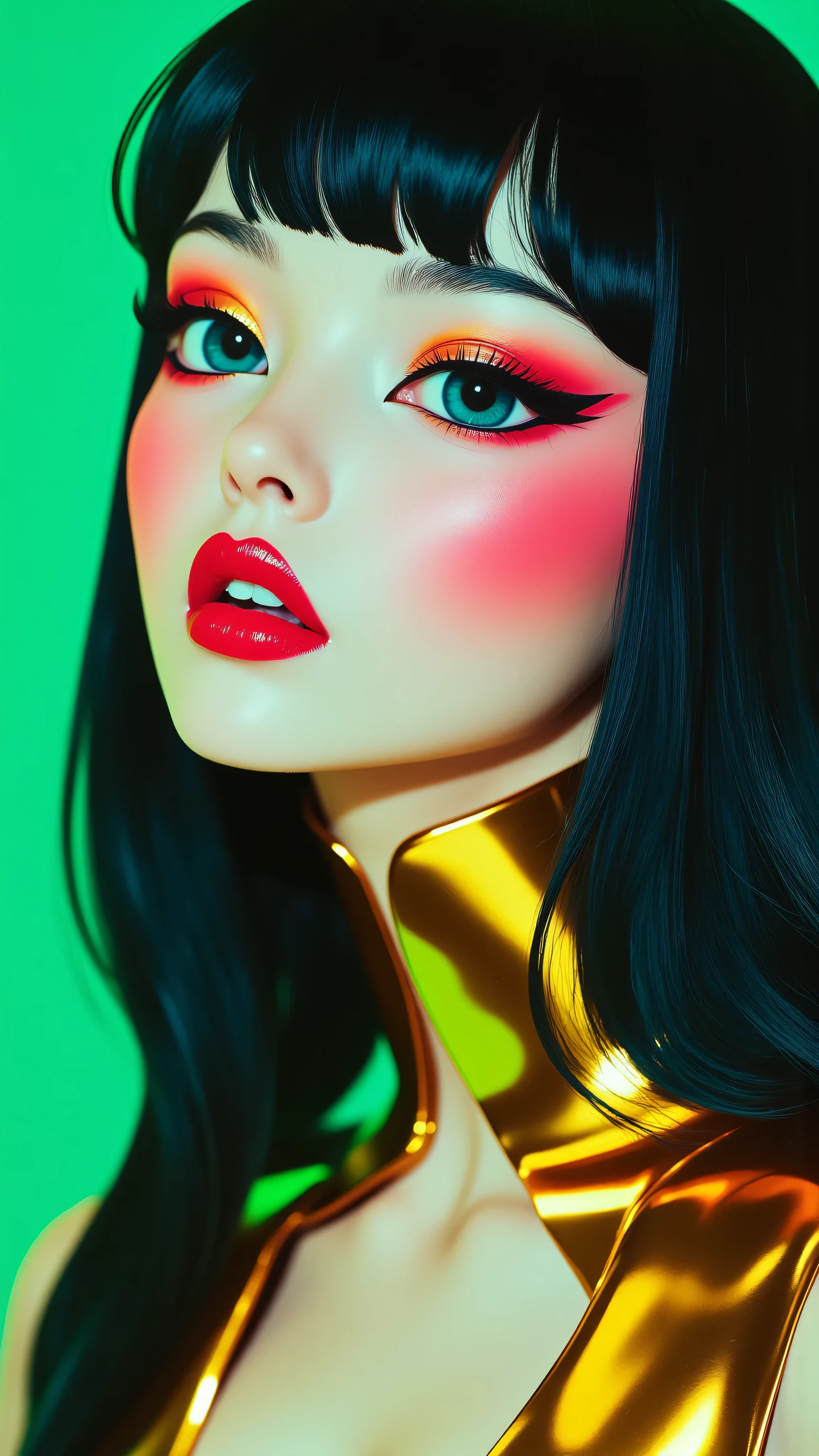 80’s glam rock makeup on shiny face, asian girl, anime, 2.5D, moody lighting, (green, pink, gold), pretty, sexy, minimal, sleek, slender, asian, elegant, futuristic, retro, sophisticated half human half machine, mouth open wide, Kizi,(eyes looking off to side), Highly detailed, Amazing work,Vitreous luster, blues, yellows, Best quality at best,shiny skin, no background, colorful background, green background, pink background, gold, background, plunging neckline, sexy pose, dynamic pose, heavy blushing, huge breasts, cleavage, full body,