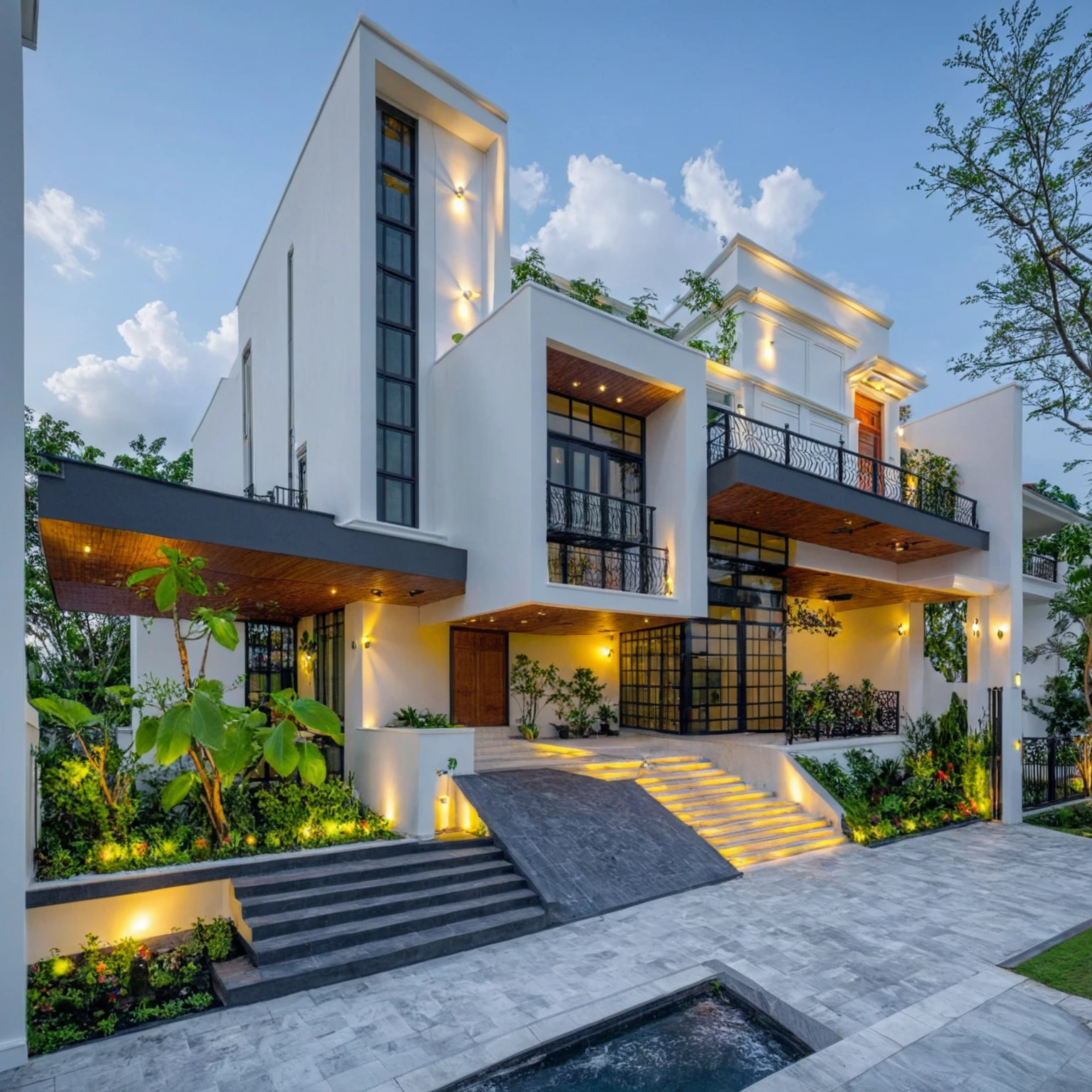 (masterpiece:1.2), best quality, photo of A two-story modern house in VietNam with white walls and dark tiles on the roof., tree and plant environment,daylight, streetcapes, natural light, vivid color, The exterior of an elegant single family home features large windows, a dark gray door frame.