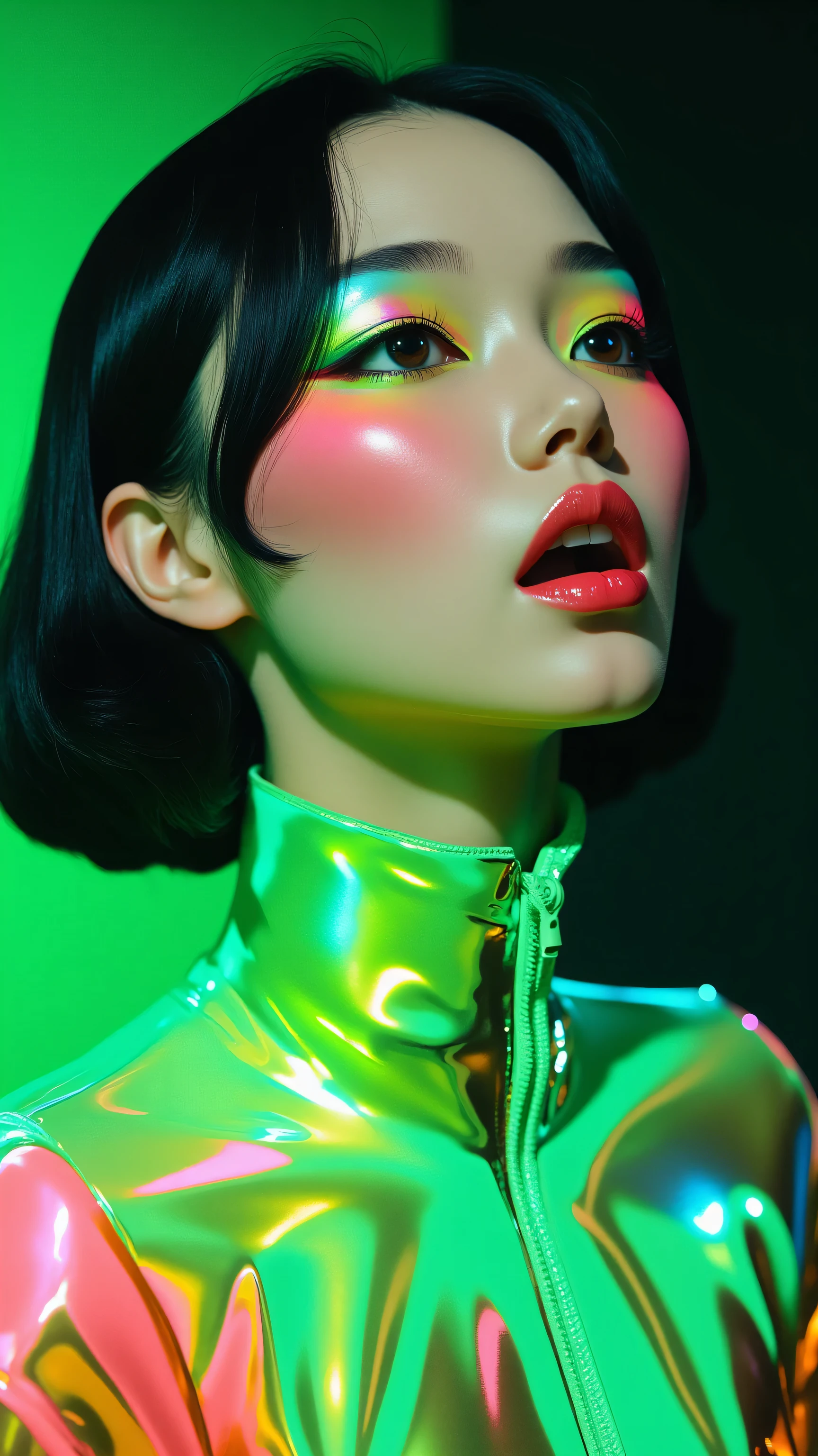 80’s glam rock makeup on shiny face, asian girl, anime, 2.5D, moody lighting, (green, pink, gold), pretty, sexy, minimal, sleek, slender, asian, elegant, futuristic, retro, sophisticated half human half machine, mouth open wide, Kizi，(eyes looking off to side), Highly detailed, Amazing work，Vitreous luster, blues, yellows, Best quality at best，shiny skin, no background, colorful background, green background, pink background, gold, background, plunging neckline, sexy pose, dynamic pose, heavy blushing, huge breasts, cleavage, full body, 
