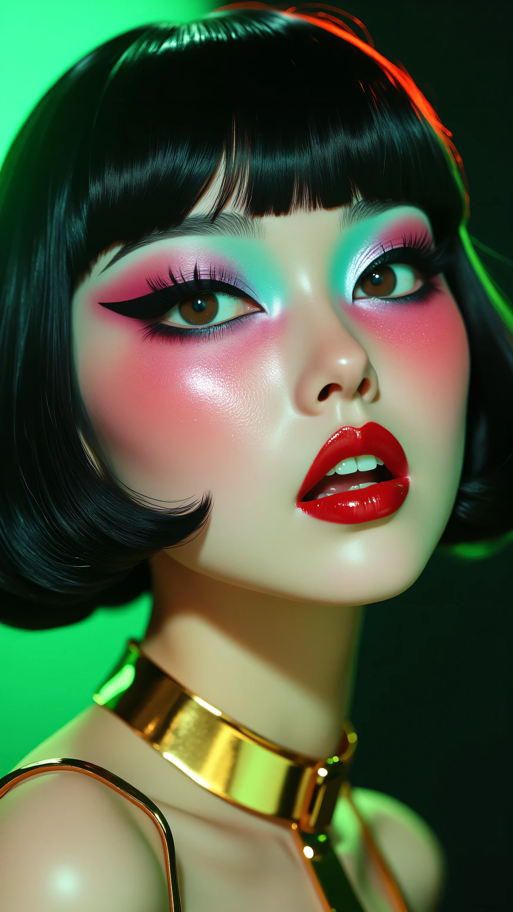 80’s glam rock makeup on shiny face, asian girl, anime, 2.5D, moody lighting, (green, pink, gold), pretty, sexy, minimal, sleek, slender, asian, elegant, futuristic, retro, sophisticated half human half machine, mouth open wide, Kizi，(eyes looking off to side), Highly detailed, Amazing work，Vitreous luster, blues, yellows, Best quality at best，shiny skin, no background, colorful background, green background, pink background, gold, background, plunging neckline, sexy pose, dynamic pose, heavy blushing, huge breasts, cleavage, full body, 