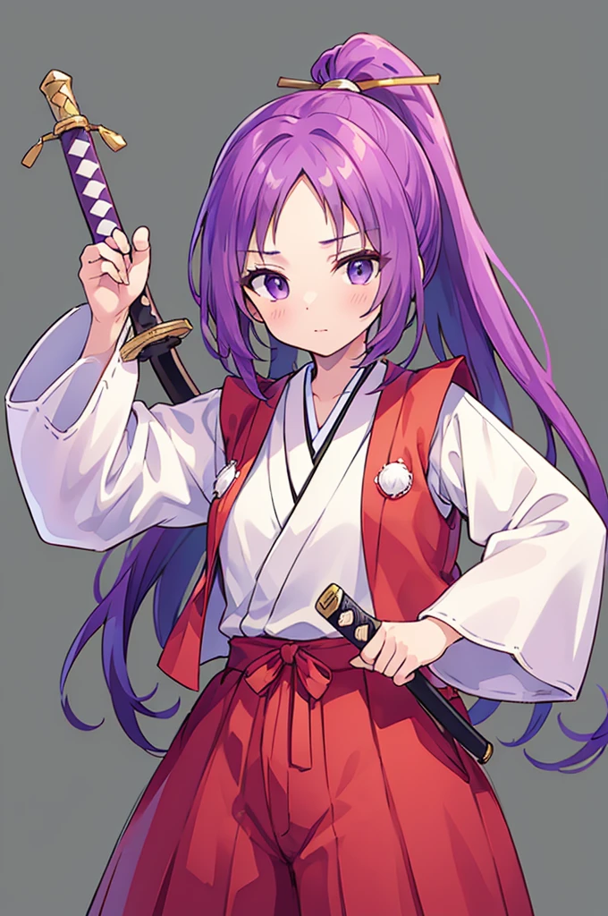 this is a picture of a girl dressed in a long gown with a sword, clean line drawings, ultra cute girl, ultra cute face, ultra detailed eyes, ultra detailed hair, ultra cute, ultra beautiful, ((high end)), (UHD picture), (best quality,4k,8k,highres,masterpiece:1.2), top-quality(​masterpiece), top-quality, ultra-detailed, highly detailed texture, intricate details, high quality textures, masterpiece, best quality, perfect quality, perfect anatomy, perfect body, perfect symmetrical face, perfect hands, perfect feet, (two arms:1.2), (two legs:1.2), (five fingers each:1.2), (perfect joint:1.2), perfect joint movement, precise fingers and hands, 1 beautiful girl, 1 girl, alone, solo, , , ((())), ((ish)), (Best Quality, hight resolution), extremely detailed and lifelike, Vibrant colors, simple background, very long hair, forehead visible bangs, hair flaps, purple hair, ponytail, well-formed face, purple eyes, japanese clothes, samurai, open vest, red vest, white kimono, long sleeves, wide sleeves, haori, long hakama, wide hemmed hakama, hakama pants, long trousers, sword, katana, holding katana, weapon