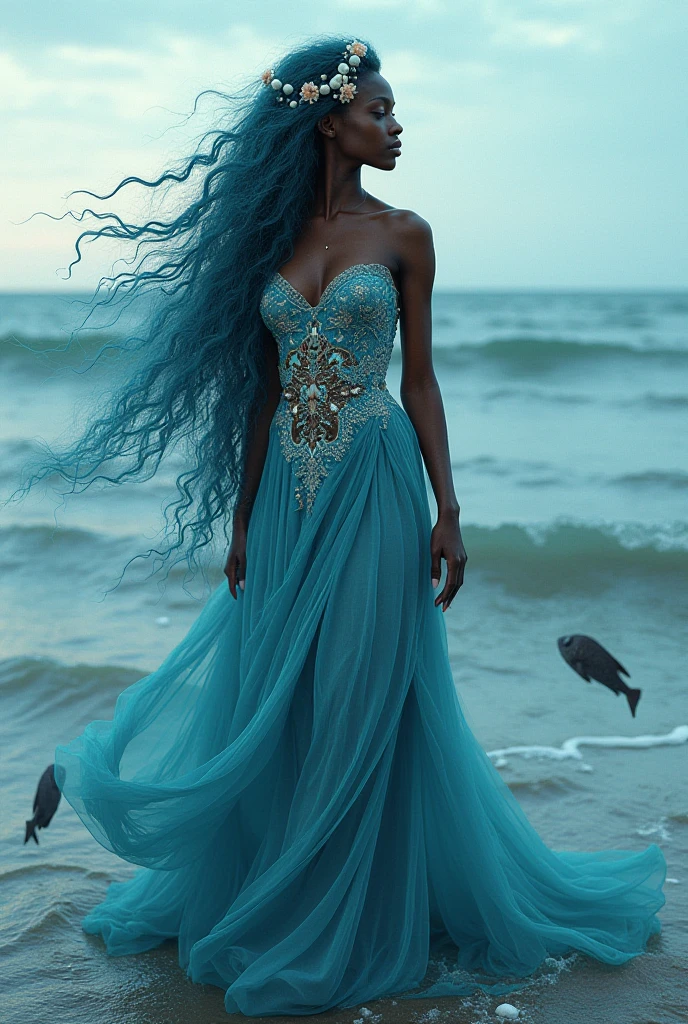 Beautiful biracial latina woman, blue long wavy hair, blue light eyes, large breast, wear blue princess dress with low-necked and short sleeves,Résolution Haute, walk on the sea at the beach, sunset behind, Contre-Jour, look her feet, Arm outstretched to keep the balance, extremely detailed full body
