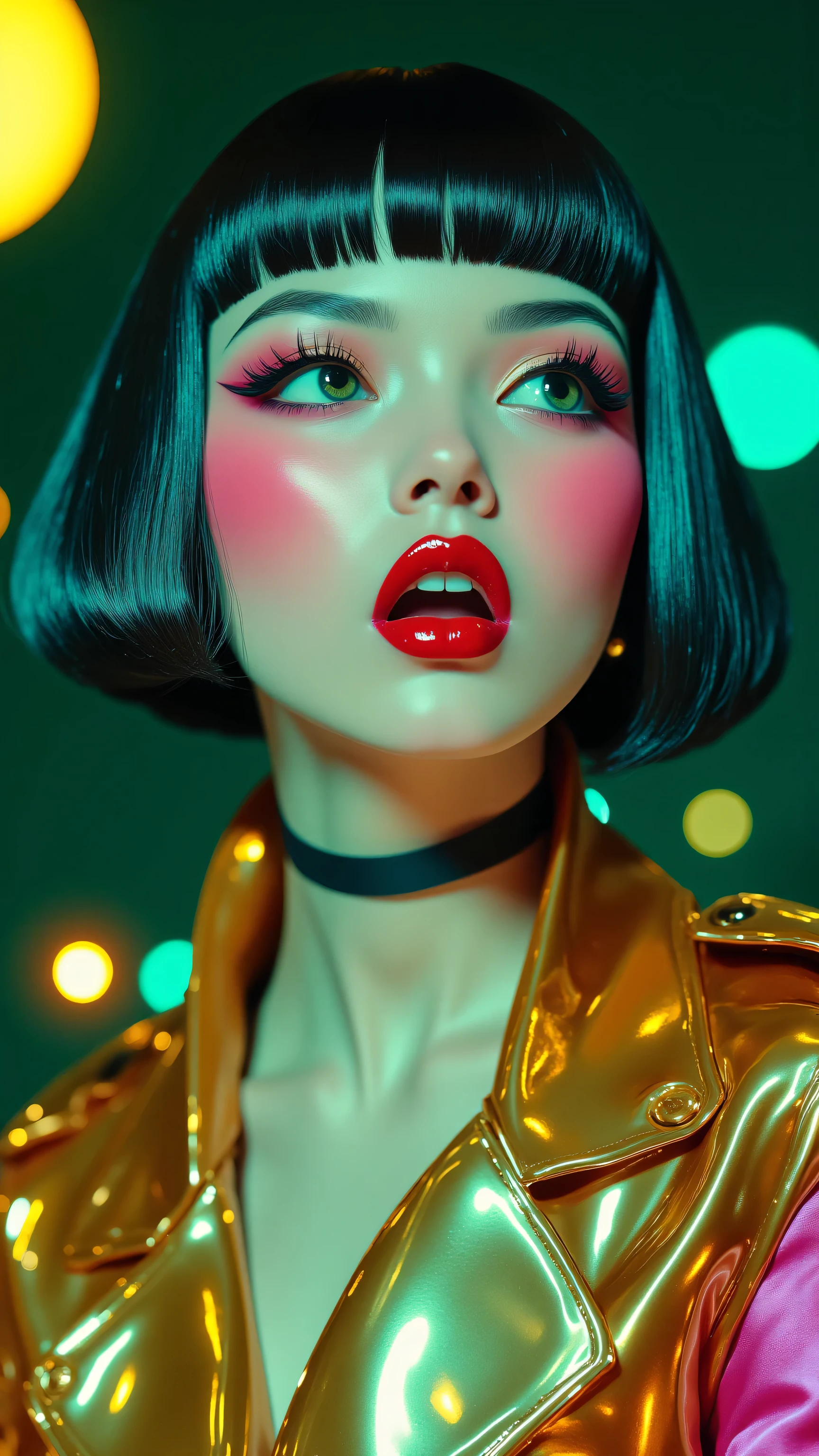 80’s glam rock makeup on shiny face, asian girl, anime, 2.5D, moody lighting, (green, pink, gold), pretty, sexy, minimal, sleek, slender, asian, elegant, futuristic, retro, sophisticated half human half machine, mouth open wide, Kizi,(eyes looking off to side), Highly detailed, Amazing work,Vitreous luster, blues, yellows, Best quality at best,shiny skin, no background, colorful background, green background, pink background, gold, background, plunging neckline, sexy pose, dynamic pose, heavy blushing, huge breasts, cleavage, full body,