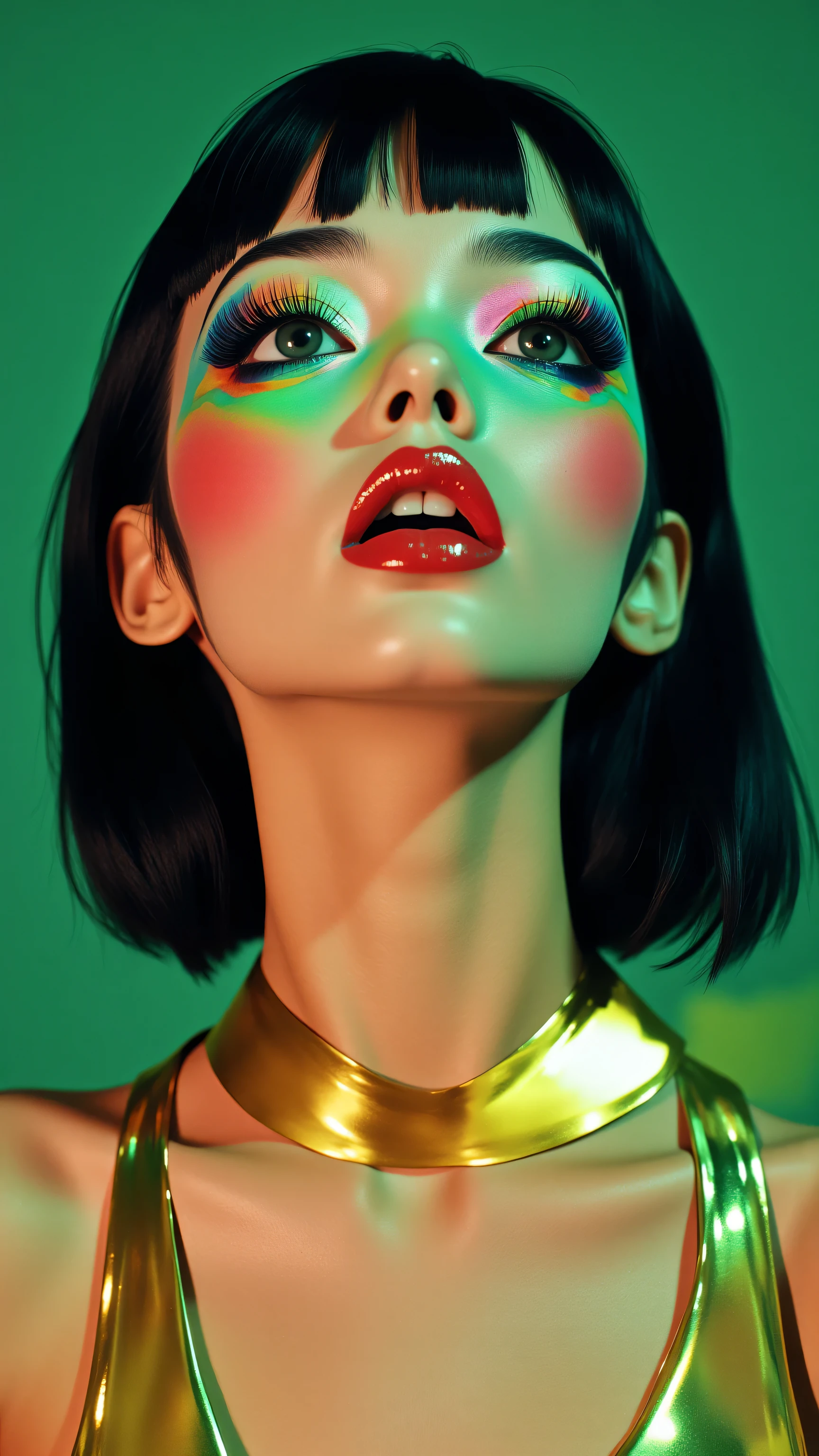 80’s glam rock makeup on shiny face, asian girl, anime, 2.5D, moody lighting, (green, pink, gold), pretty, sexy, minimal, sleek, slender, asian, elegant, futuristic, retro, sophisticated half human half machine, mouth open wide, Kizi，(eyes looking off to side), Highly detailed, Amazing work，Vitreous luster, blues, yellows, Best quality at best，shiny skin, no background, colorful background, green background, pink background, gold, background, plunging neckline, sexy pose, dynamic pose, heavy blushing, huge breasts, cleavage, full body, 