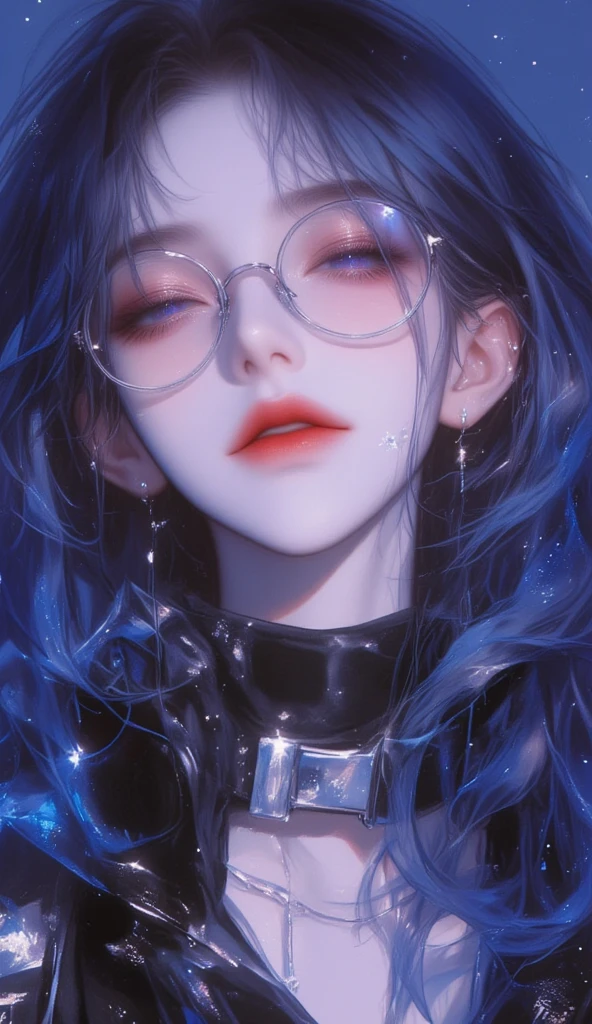 {your prompt}  --niji 6 --ar 2:3 --style raw --s 1000 --p spr1pcg，Anime girl  ,Anime boy , Bangs,half body to waist,She has long dark blue curls up to her waist ， that will shine beautifully in the sun ， stars twinkling like a night sky 。 between the hands and feet always carry a sly laugh.， slightly raised at the corners of the eyes ，Extraordinary man 。 Her five-pointed delicate stereo ， tall nose bridge ， are always filled with attractive rose color 。
 Approximately 168 cm tall ， Nina's curves are just right 。 She likes to wear tight black Tactical outfit ， perfectly outlines the slender waist and slender legs 。 is sometimes replaced by a delicate and flattering light dress ， Put on those damn square glasses ， Instantly becomes perceptive and elegant 。
 The whole person exudes a noble and cool air ， Those two crystal-like purple eyes with an irresistible look 。 Her skin is silky smooth and delicate ， with a healthy honey-colored sheen 。 slender wrists ， Beautiful neck line ， and those two eyes that are always filled with veins ， everywhere Dead Attractive 。
 High resolution , masterpiece, precise,  high detail,  HD Model, Bangs, 