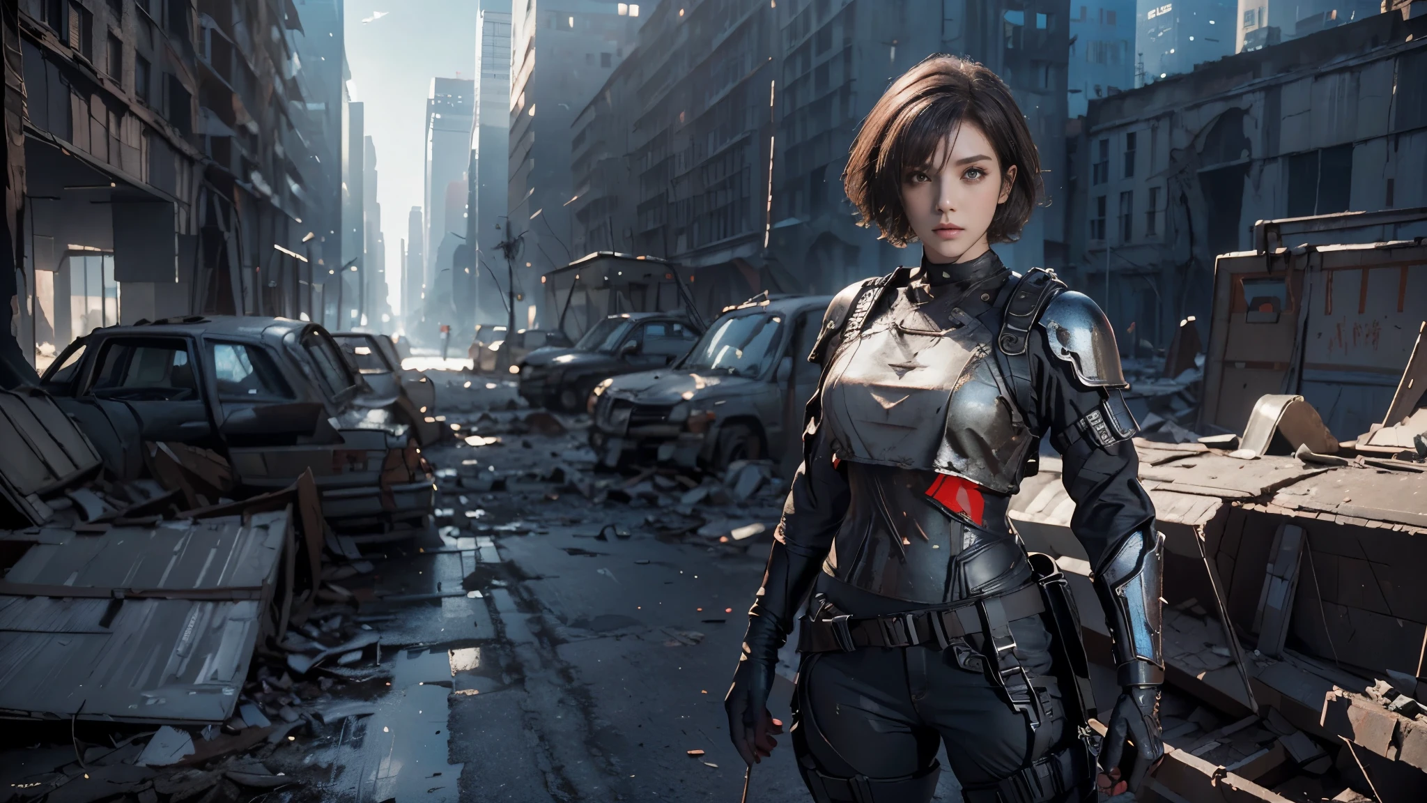 masterpiece, high resolution on the bench,8K,( Portrait Photos:1.5),(R Original Photo),Reality,Digital Photography,(Ruins of the Apocalypse ),City ruins,20 year old pretty female ,Short hair,Shut up, post-apocalyptic scene , Upper body photography ,Damaged Armor,Full figure