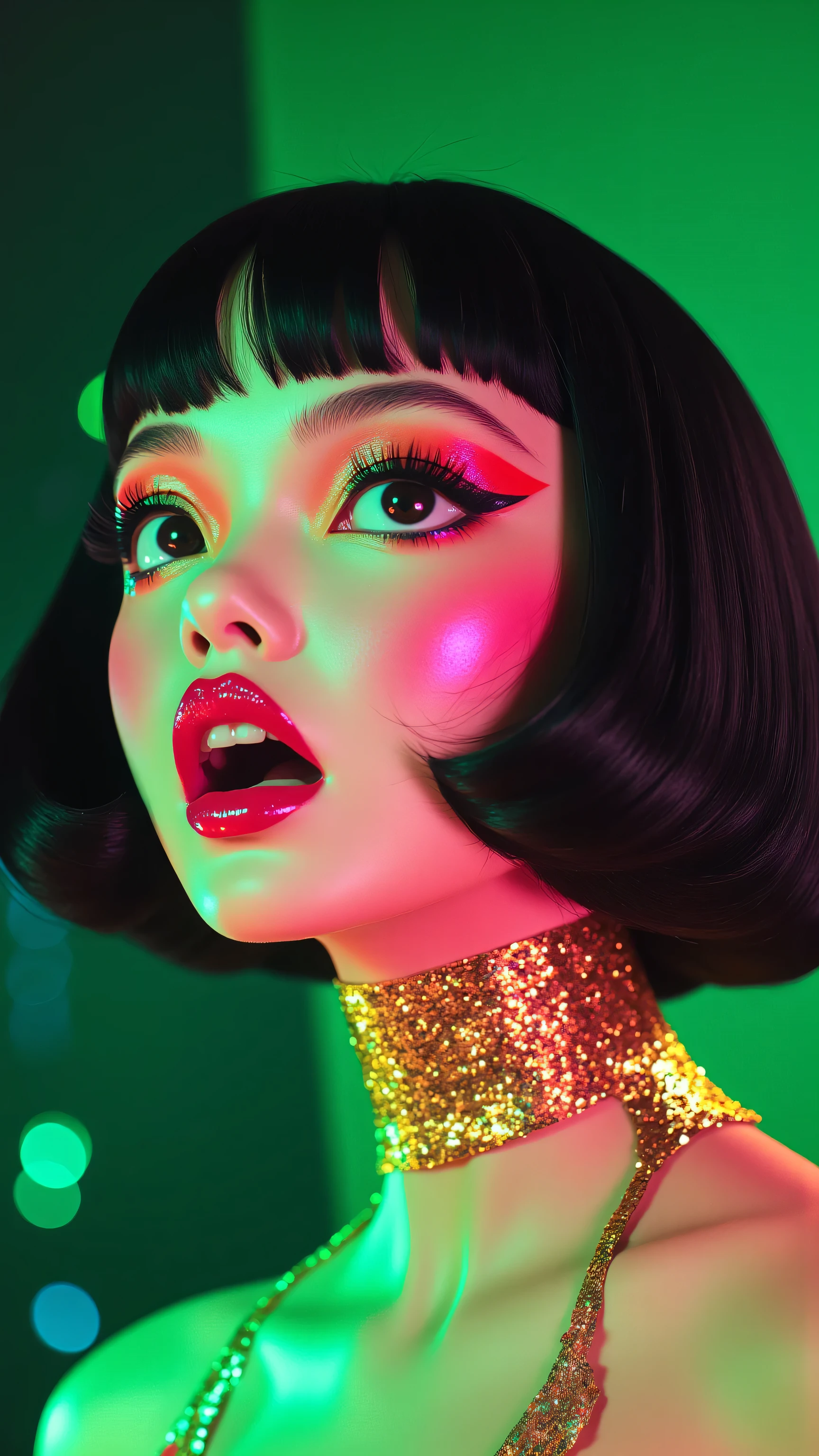 80’s glam rock makeup on shiny face, asian girl, anime, 2.5D, moody lighting, (green, pink, gold), pretty, sexy, minimal, sleek, slender, asian, elegant, futuristic, retro, sophisticated half human half machine, mouth open wide, Kizi，(eyes looking off to side), Highly detailed, Amazing work，Vitreous luster, blues, yellows, Best quality at best，shiny skin, no background, colorful background, green background, pink background, gold, background, plunging neckline, sexy pose, dynamic pose, heavy blushing, huge breasts, cleavage, full body, 