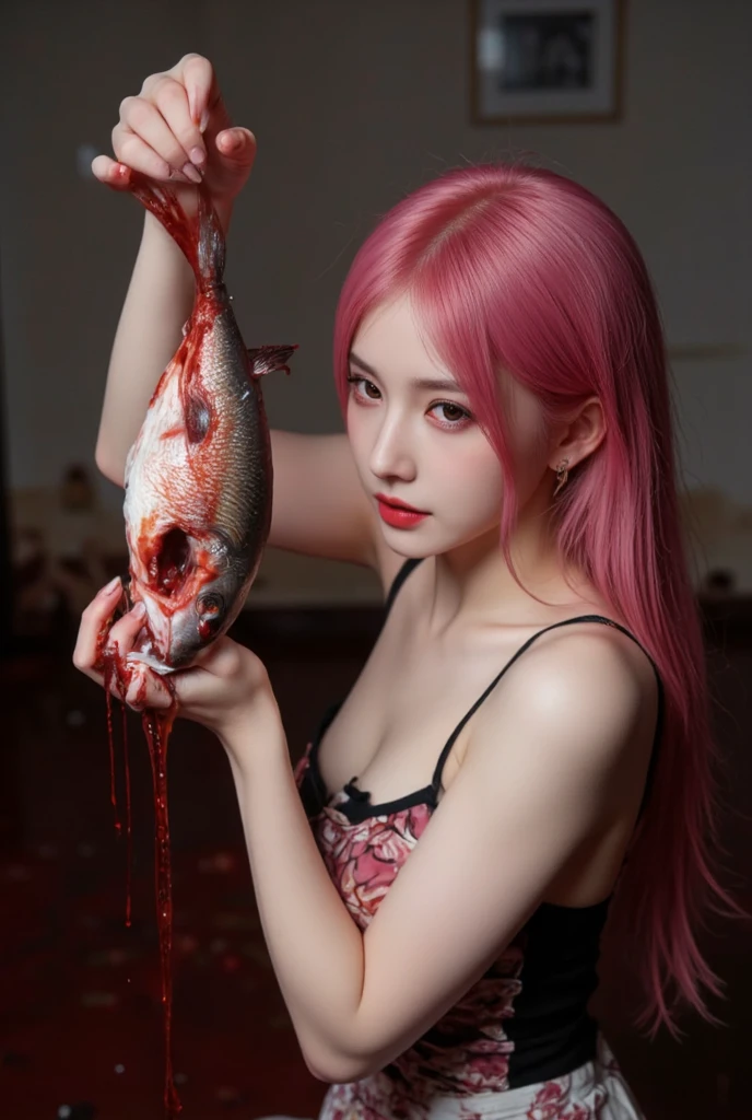 4k, ultra detail, high quality, beautiful korean idol girl with long sharp fingernails, pink hair, raw ripped blood fish, extreme gore, blood, gore. side view