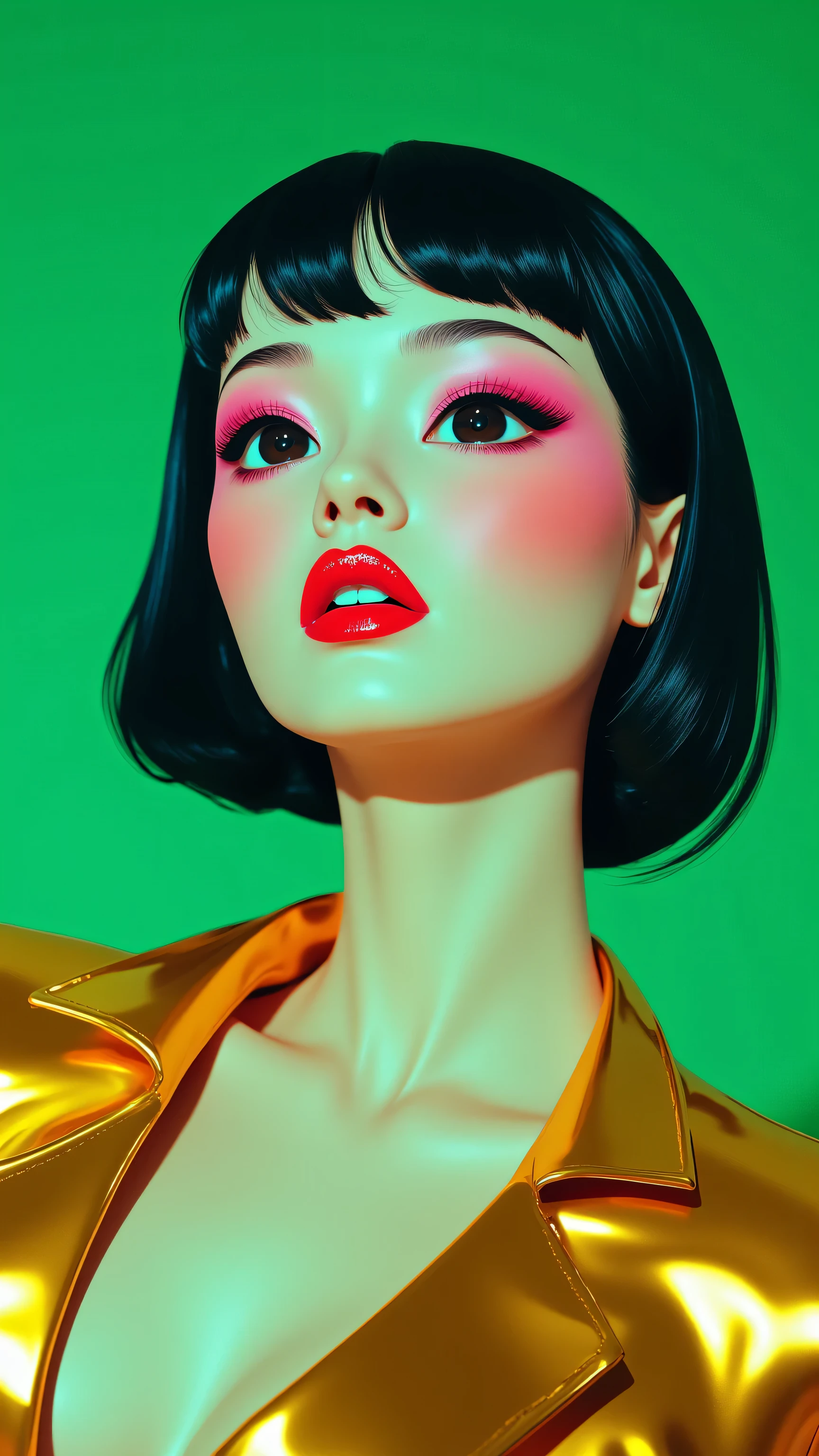 80’s glam rock makeup on shiny face, asian girl, anime, 2.5D, moody lighting, (green, pink, gold), pretty, sexy, minimal, sleek, slender, asian, elegant, futuristic, retro, sophisticated half human half machine, mouth open wide, Kizi，(eyes looking off to side), Highly detailed, Amazing work，Vitreous luster, blues, yellows, Best quality at best，shiny skin, no background, colorful background, green background, pink background, gold, background, plunging neckline, sexy pose, dynamic pose, heavy blushing, huge breasts, cleavage, full body, 