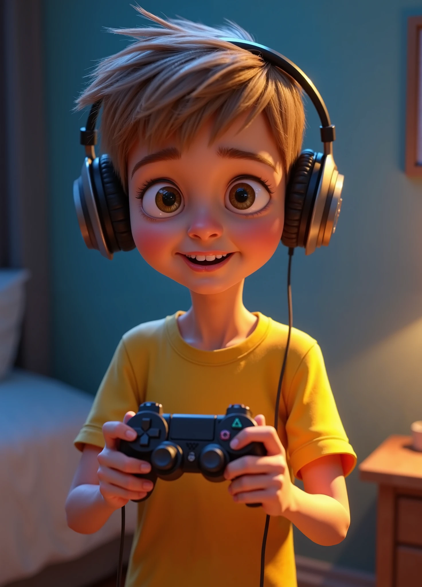 Create a Disney Pixar style character, boy, tall, thin, light brown hair, shaved, light brown eyes, playing a video game, Play Station console, large headphones, and the video game controller in his hands, wearing a yellow shirt .THE BACKGROUND OF THE IMAGE WILL BE ALL WHITE
