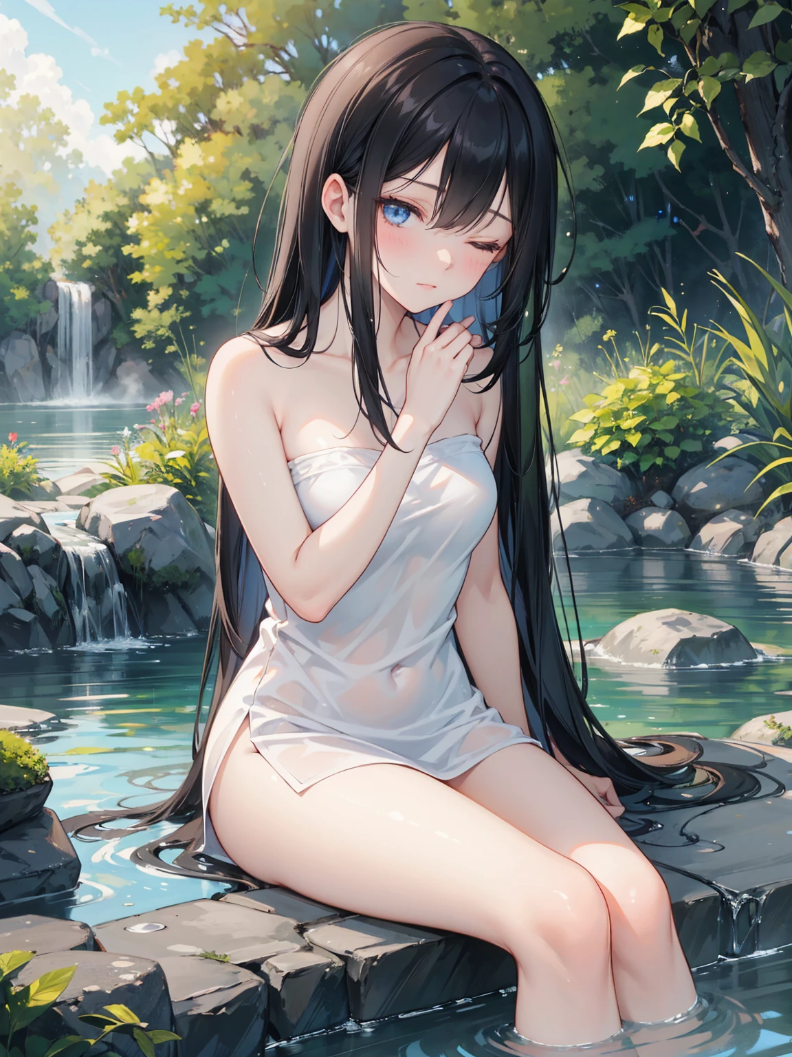 naked cute face girl, sleeping in the hot spring, big vaginal hole
