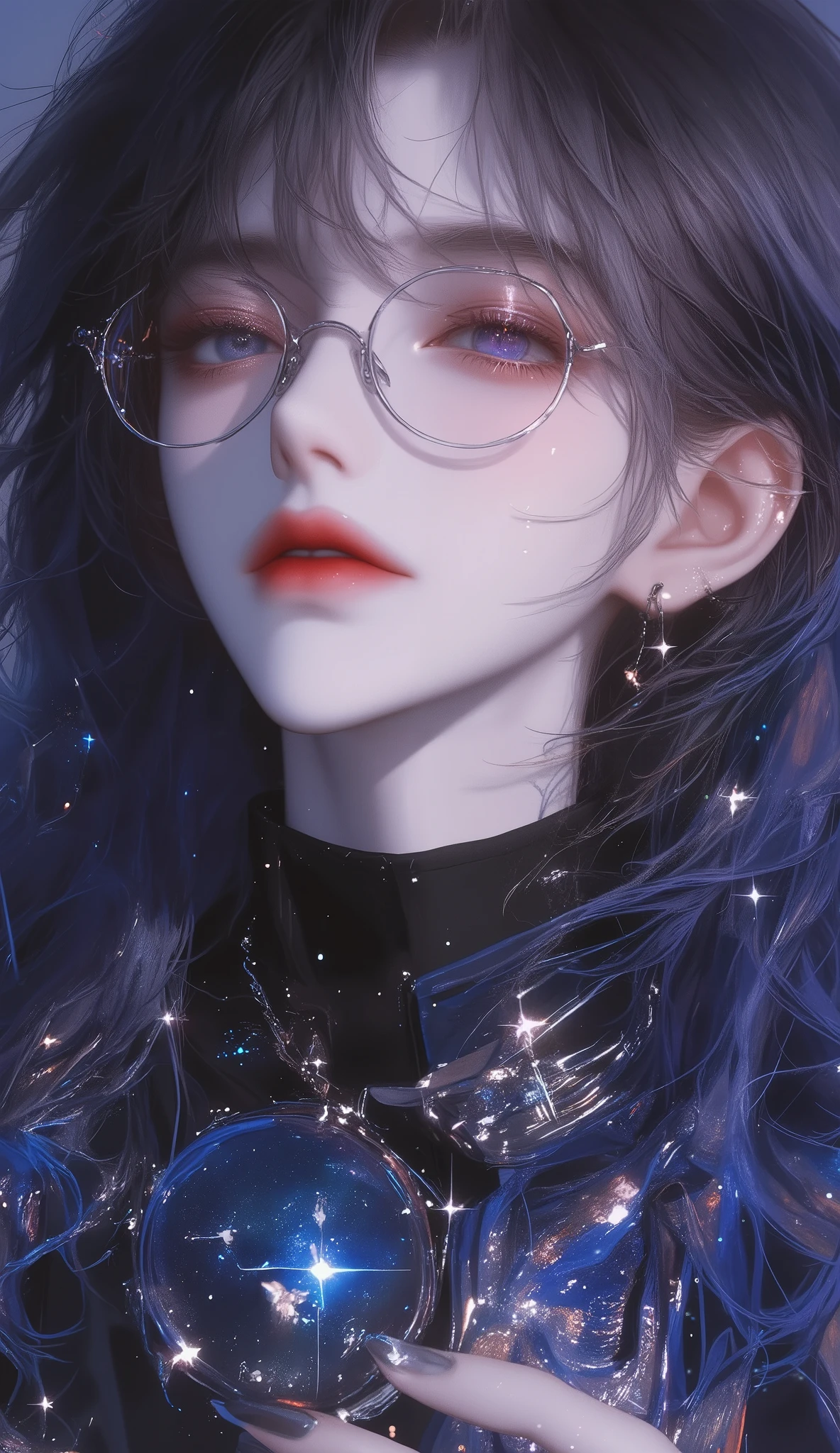 {your prompt}  --niji 6 --ar 2:3 --style raw --s 1000 --p spr1pcg，Anime girl  ,Anime boy , Bangs,half body to waist,She has long dark blue curls up to her waist ， that will shine beautifully in the sun ， stars twinkling like a night sky 。 between the hands and feet always carry a sly laugh.， slightly raised at the corners of the eyes ，Extraordinary man 。 Her five-pointed delicate stereo ， tall nose bridge ， are always filled with attractive rose color 。
 Approximately 168 cm tall ， Nina's curves are just right 。 She likes to wear tight black Tactical outfit ， perfectly outlines the slender waist and slender legs 。 is sometimes replaced by a delicate and flattering light dress ， Put on those damn square glasses ， Instantly becomes perceptive and elegant 。
 The whole person exudes a noble and cool air ， Those two crystal-like purple eyes with an irresistible look 。 Her skin is silky smooth and delicate ， with a healthy honey-colored sheen 。 slender wrists ， Beautiful neck line ， and those two eyes that are always filled with veins ， everywhere Dead Attractive 。
 High resolution , masterpiece, precise,  high detail,  HD Model, Bangs, 