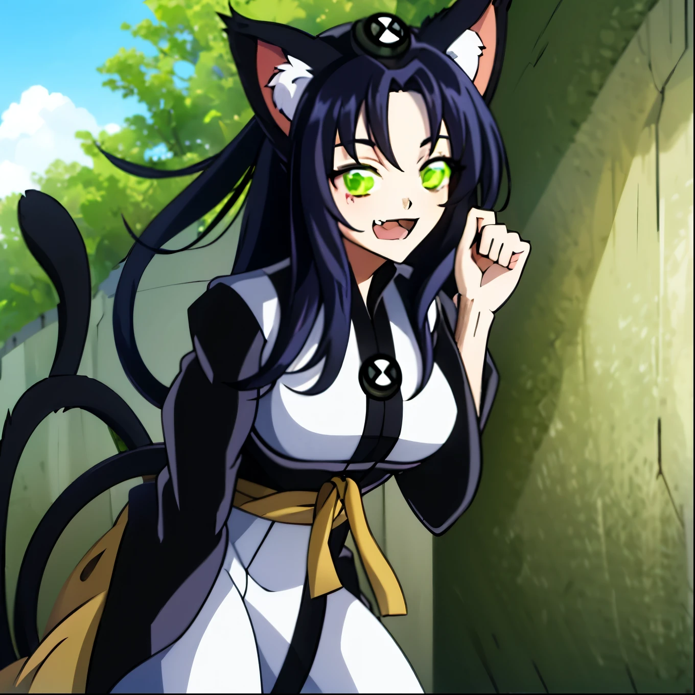  score_9,  score_8_above,   source  _anime BREAK solo , 1 girl,   Looking at the viewer, vaquero disparó, 
Kuroka still , green eyes, slit paboveils,  black hair,  long hair,  animal ears ,  animal ear fluff , cat tail,  cat ears , 2 tails, multiple queues, black Kimono, green Obi, diadema,  curvilinear ,  big breasts, naughty face, smile, :3,  open your mouth, fang,
 outdoor, Sunlight, sanctuary,  East Asian architecture,  light particles , dust, long pants, ben10, insignia