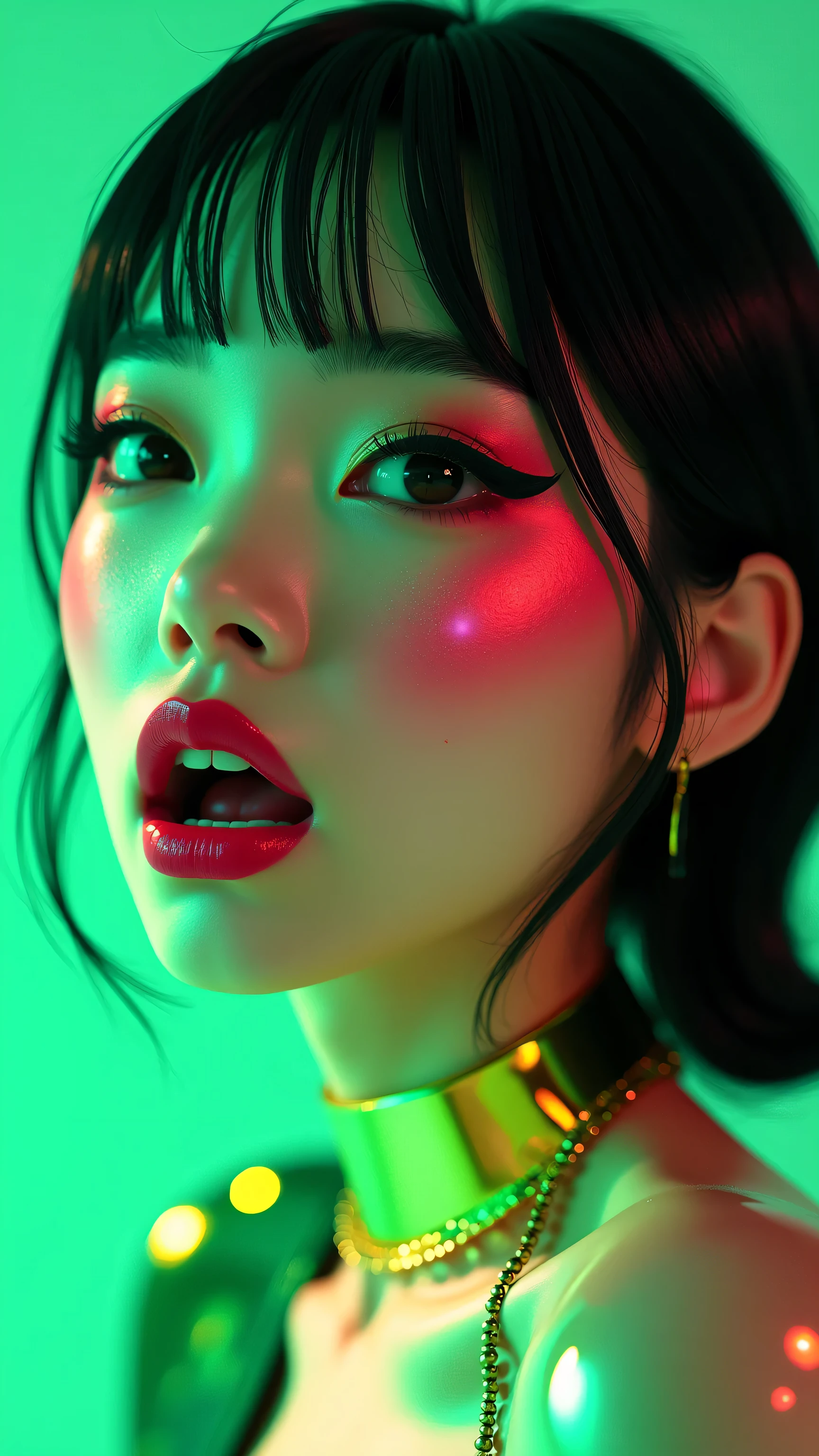 80’s glam rock makeup on shiny face, asian girl, anime, 2.5D, moody lighting, (green, pink, gold), pretty, sexy, minimal, sleek, slender, asian, elegant, futuristic, retro, sophisticated half human half machine, mouth open wide, Kizi,(eyes looking off to side), Highly detailed, Amazing work,Vitreous luster, blues, yellows, Best quality at best,shiny skin, no background, colorful background, green background, pink background, gold, background, plunging neckline, sexy pose, dynamic pose, heavy blushing, huge breasts, cleavage, full body, thigh highs,