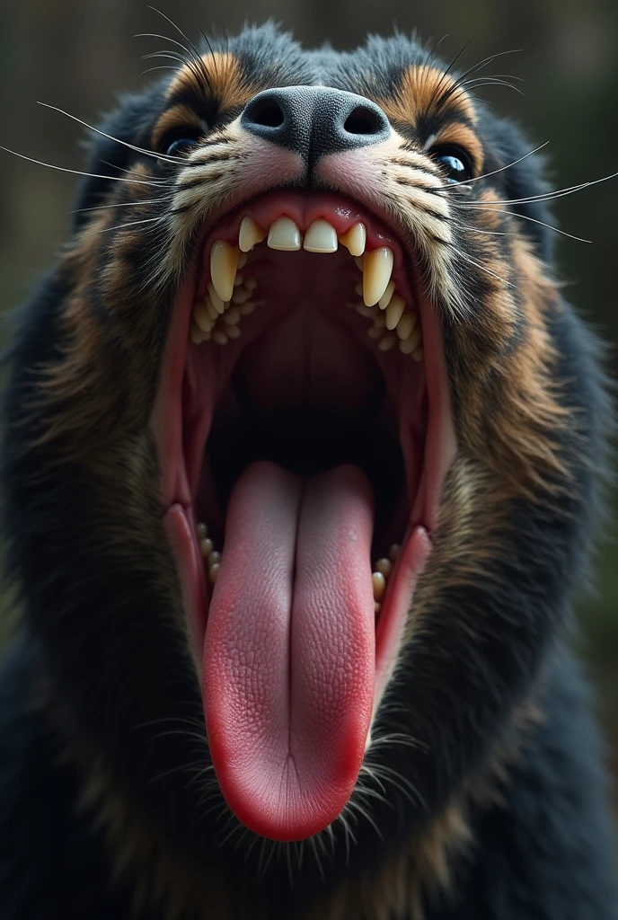 Extreme close-up of a feline anthro character's open mouth, showcasing sharp fangs, a long, slick tongue, and detailed strands of saliva connecting the upper and lower teeth. The focus is on the deep, dark throat, slightly illuminated, with wet textures on the tongue and the insides of the mouth. The character has a mix of pink and black hair framing her face, and her fur is damp, giving it a shiny, wet appearance. Her eyes are intense and slightly visible at the top of the frame, but the main focus remains on the detailed, moist interior of her mouth and the inviting depth of her throat