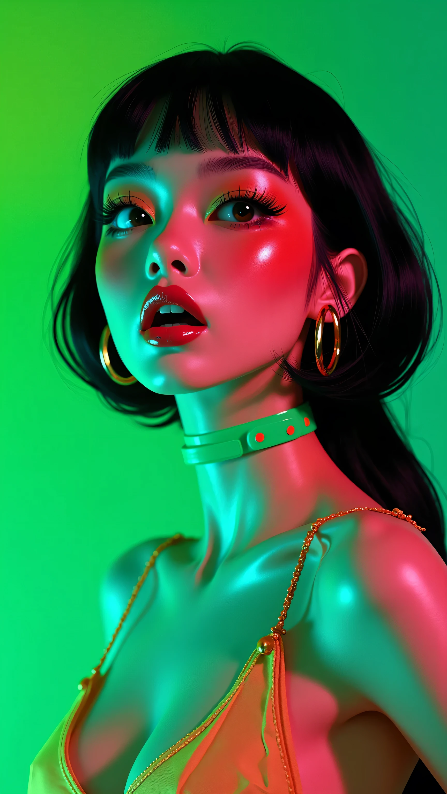 80’s glam rock makeup on shiny face, asian girl, anime, 2.5D, moody lighting, (green, pink, gold), pretty, sexy, minimal, sleek, slender, asian, elegant, futuristic, retro, sophisticated half human half machine, mouth open wide, Kizi,(eyes looking off to side), Highly detailed, Amazing work,Vitreous luster, blues, yellows, Best quality at best,shiny skin, no background, colorful background, green background, pink background, gold, background, plunging neckline, sexy pose, dynamic pose, heavy blushing, huge breasts, cleavage, full body, thigh highs,