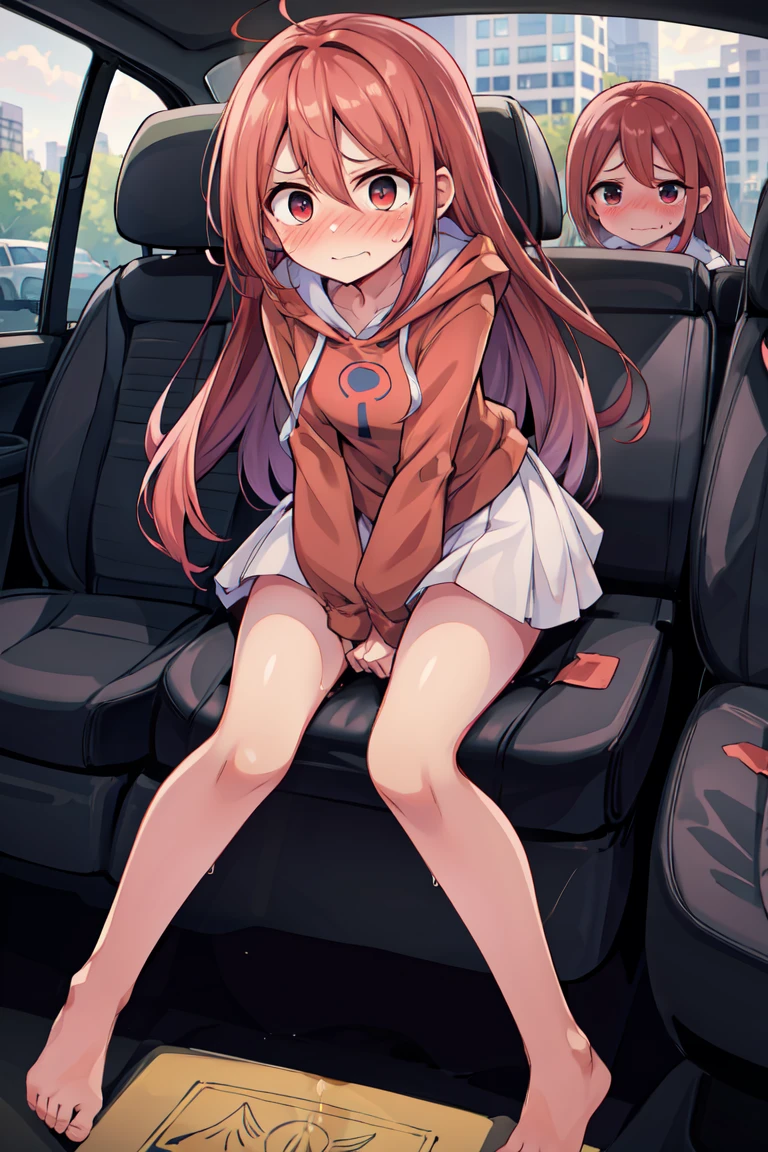 masterpiece, highres, solo, 8k, detailed, perfect face, (ultra high quality), looking viewers, collar bones, medium breast, pink hair, red eyes, slim body, smile, hoodie, black hoodie, no short, shortless, blush, thigh