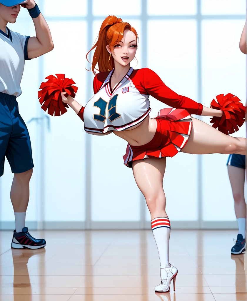 Full body shot, curvy thick body, redhead, skimpy cheerleader outfit, high heel shoes, in a high school gym, performing Chinese splits