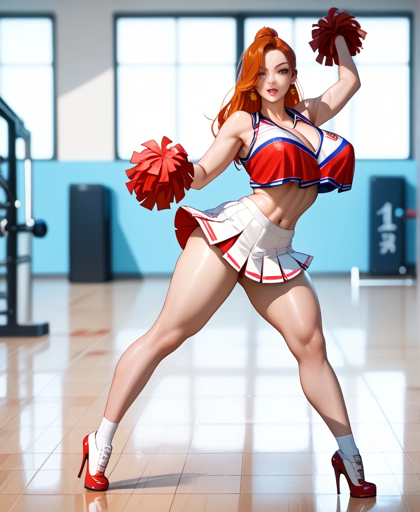 Full body shot, curvy thick body, redhead, skimpy cheerleader outfit, high heel shoes, in a high school gym, performing Chinese splits