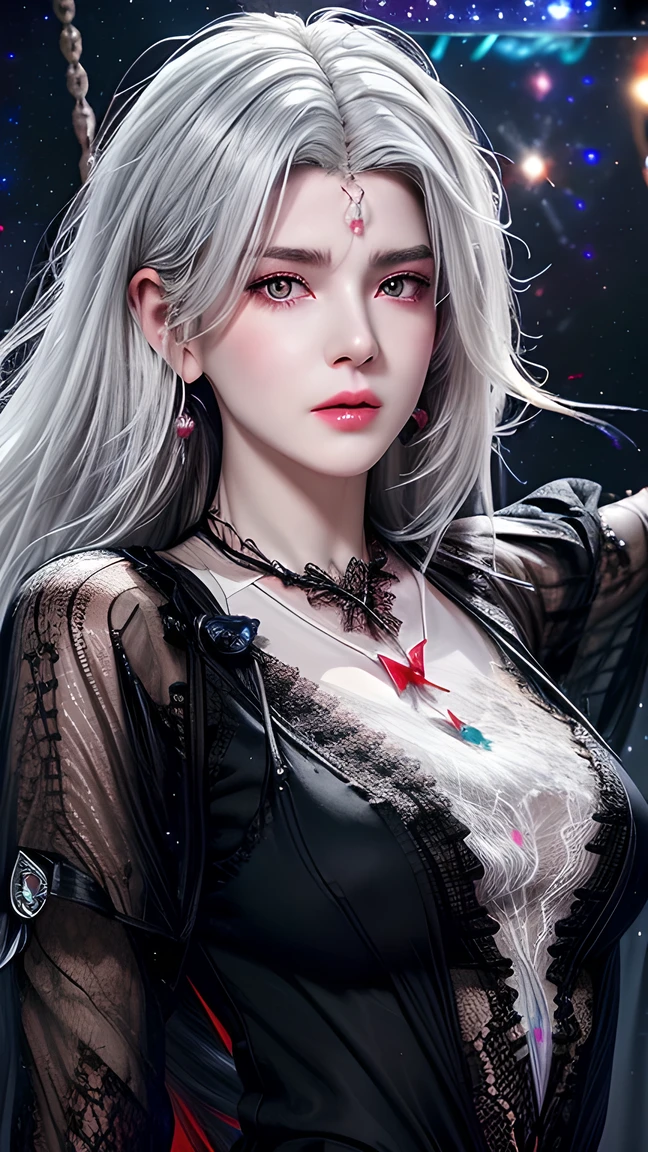 girl portrait photography, realistic, High resolution, 1 female, alone, Upper body, beautiful eyes, Close your lips, detailed face, gray hair, long hair, collared shirt, black tie,black skirt, pencil skirt, fur coat, stockings,(Black lace panties are visible)