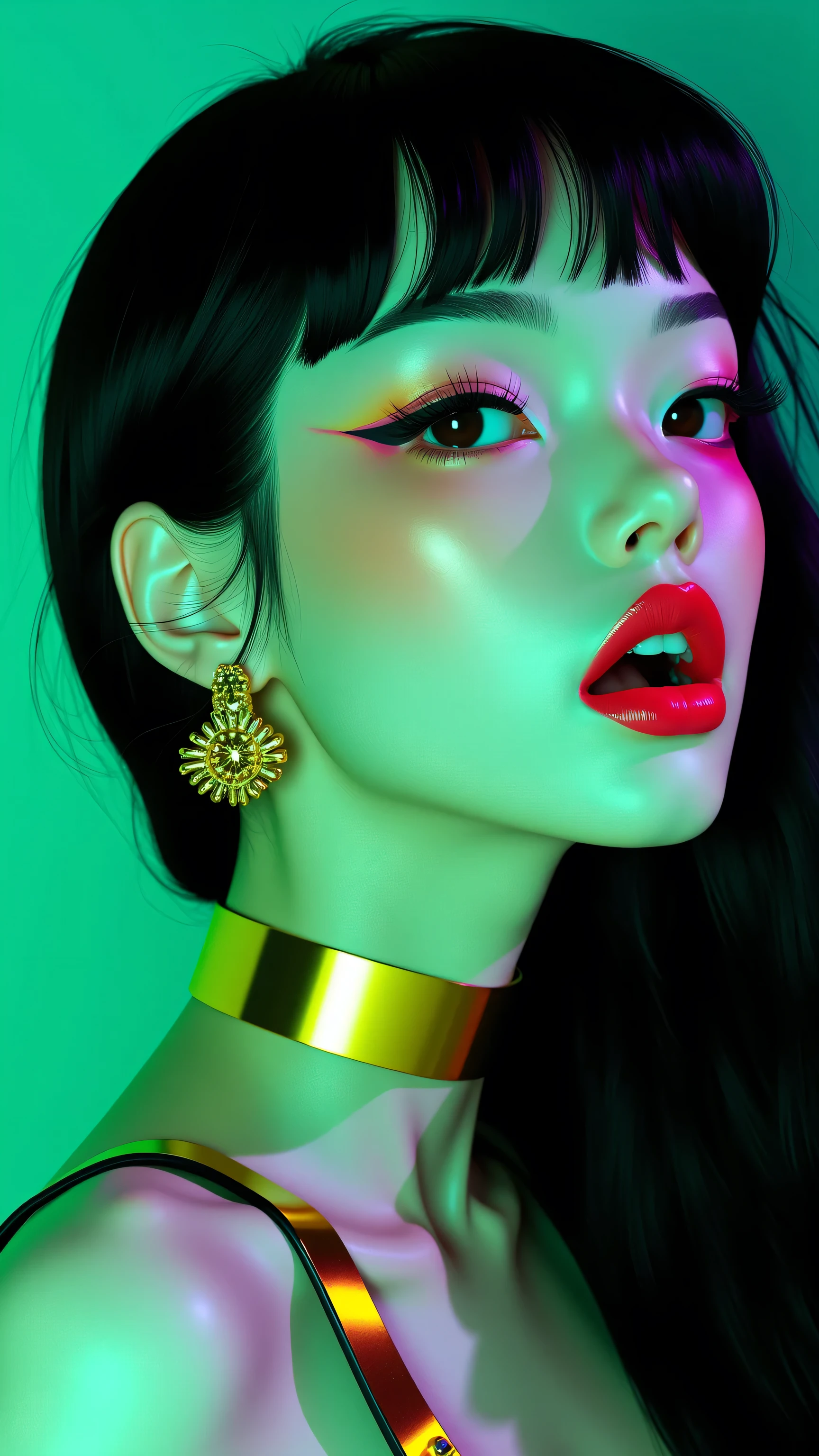 80’s glam rock makeup on shiny face, asian girl, anime, 2.5D, moody lighting, (green, pink, gold), pretty, sexy, minimal, sleek, slender, asian, elegant, futuristic, retro, sophisticated half human half machine, mouth open wide, Kizi,(eyes looking off to side), Highly detailed, Amazing work,Vitreous luster, blues, yellows, Best quality at best,shiny skin, no background, colorful background, green background, pink background, gold, background, plunging neckline, sexy pose, dynamic pose, heavy blushing, huge breasts, cleavage, full body, thigh highs,