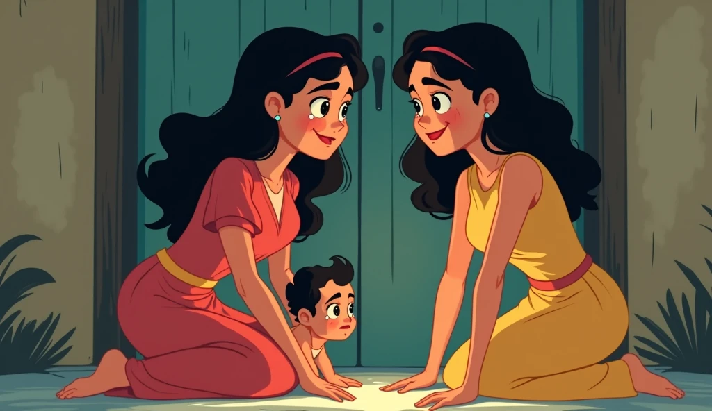 a young woman holding her baby,studio ghibli art style,studio ghibli art style,studio ghibli art style,studio ghibli art style