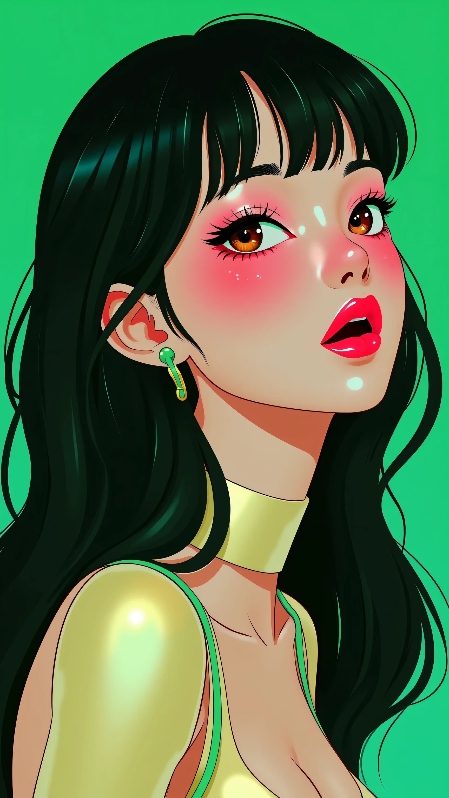 80’s glam rock makeup on shiny face, asian girl, anime, 2.5D, moody lighting, (green, pink, gold), pretty, sexy, minimal, sleek, slender, asian, elegant, futuristic, retro, sophisticated half human half machine, mouth open wide, Kizi,(eyes looking off to side), Highly detailed, Amazing work,Vitreous luster, blues, yellows, Best quality at best,shiny skin, no background, colorful background, green background, pink background, gold, background, plunging neckline, sexy pose, dynamic pose, heavy blushing, huge breasts, cleavage, full body, thigh highs,
