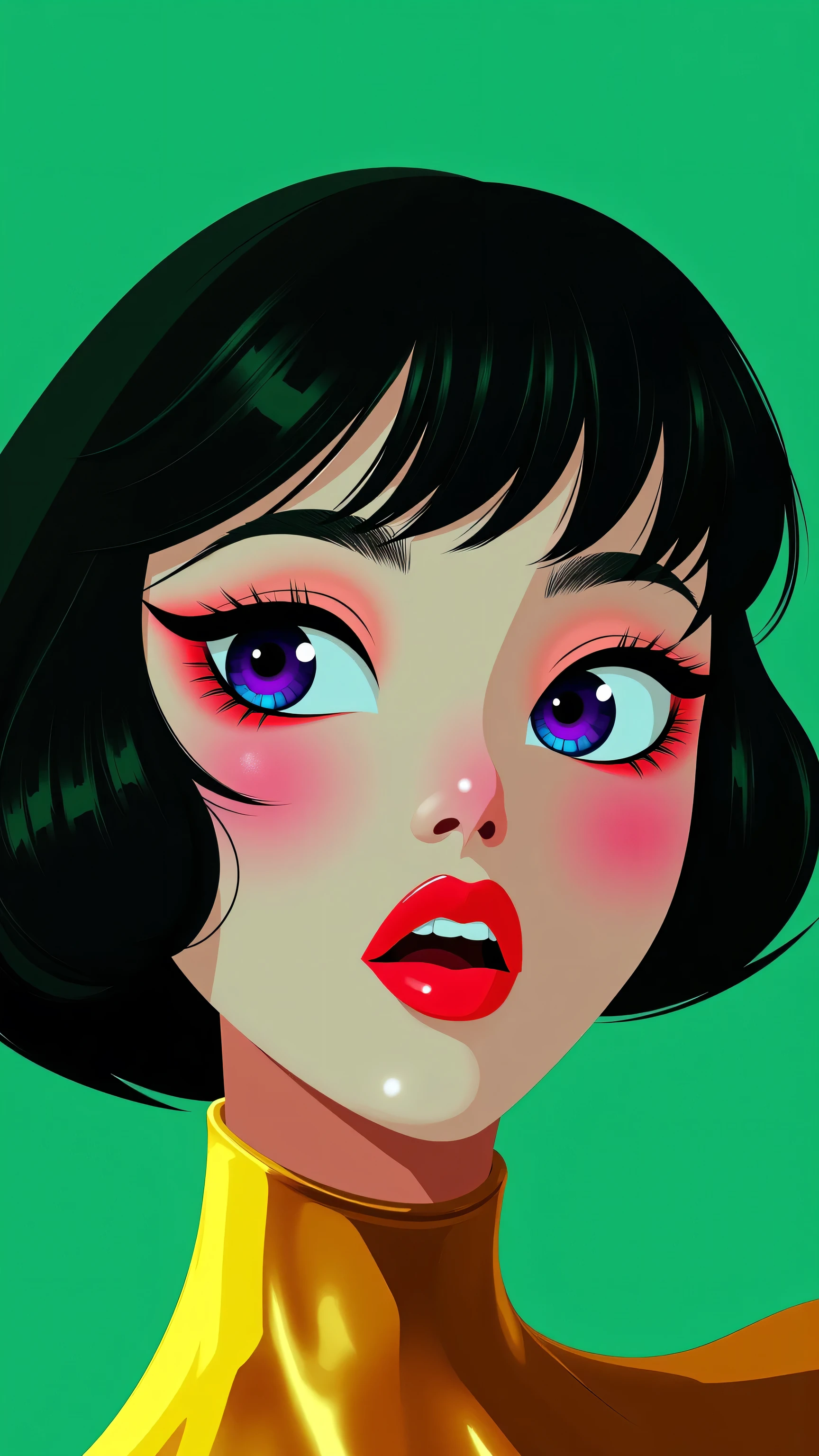 80’s glam rock makeup on shiny face, asian girl, anime, 2.5D, moody lighting, (green, pink, gold), pretty, sexy, minimal, sleek, slender, asian, elegant, futuristic, retro, sophisticated half human half machine, mouth open wide, Kizi，(eyes looking off to side), Highly detailed, Amazing work，Vitreous luster, blues, yellows, Best quality at best，shiny skin, no background, colorful background, green background, pink background, gold, background, plunging neckline, sexy pose, dynamic pose, heavy blushing, huge breasts, cleavage, full body, thigh highs, 