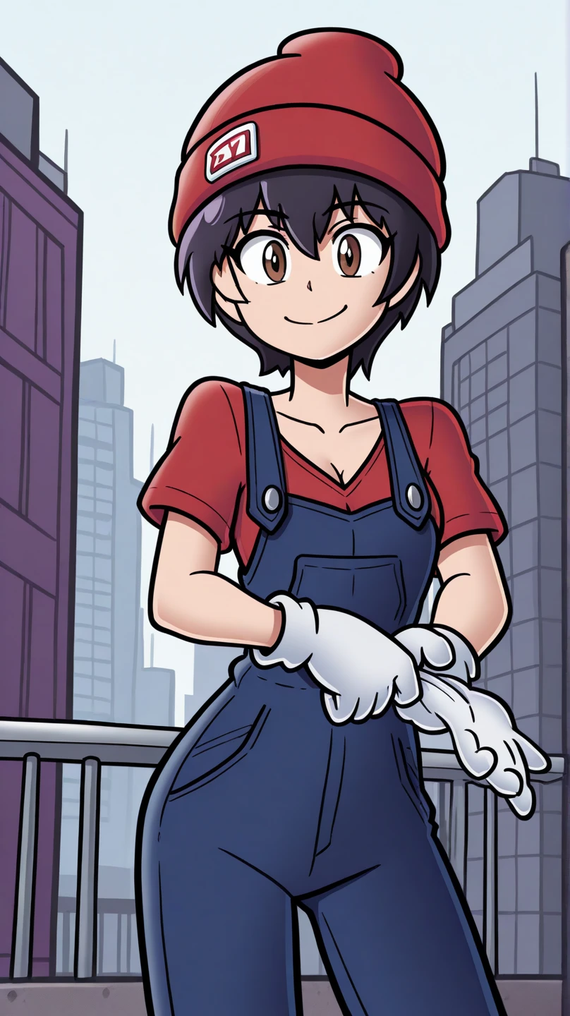 masterpiece, best quality, cowboy shot, solo, 1girl, izumo fuuko, smile, looking at viewer, adjusting gloves, short hair, black hair, hair between eyes, red headwear, beanie, brown eyes, two-tone, dark purple shirt, blue overalls, short sleeves, white gloves, collarbone, cleavage, outdoors, city
